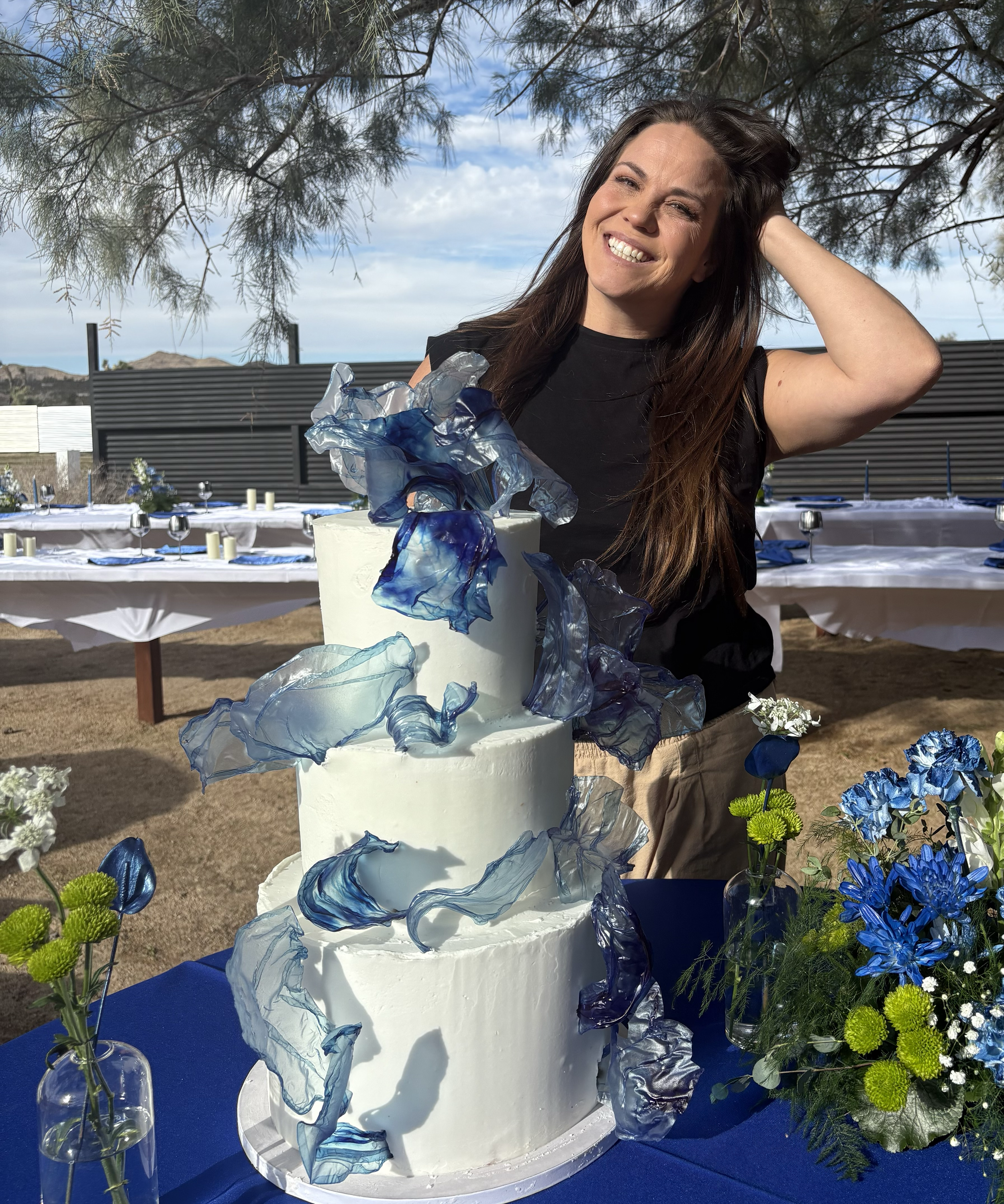 Triple-tiered wedding cake with custom design, Joshua Tree