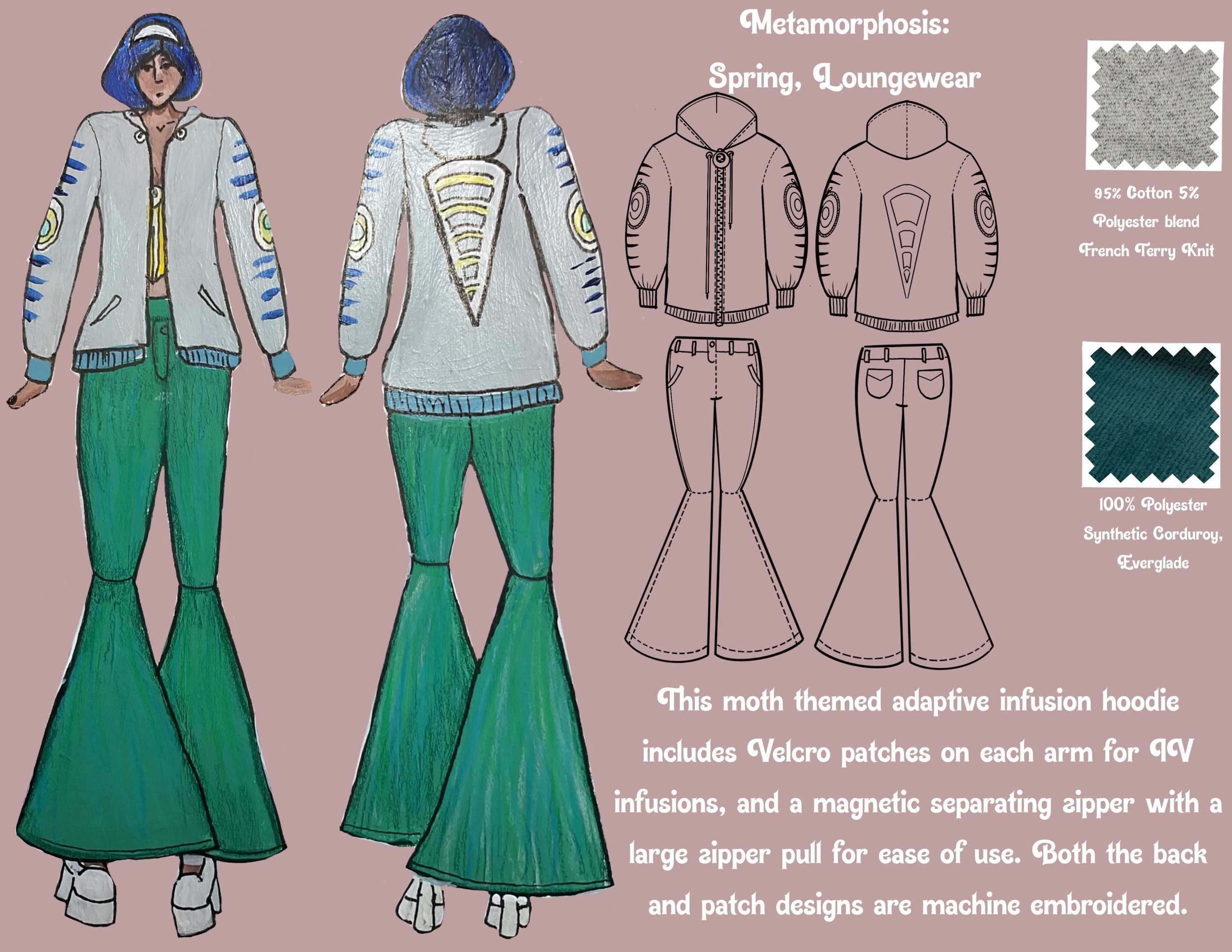 Metamorphosis: Spring, Loungewear

"This moth themed adaptive infusion hoodie includes Velcro patches on each arm for IV infusions, and a magnetic separating zipper with a large zipper pull for ease of use. Both the back and patch designs are machine