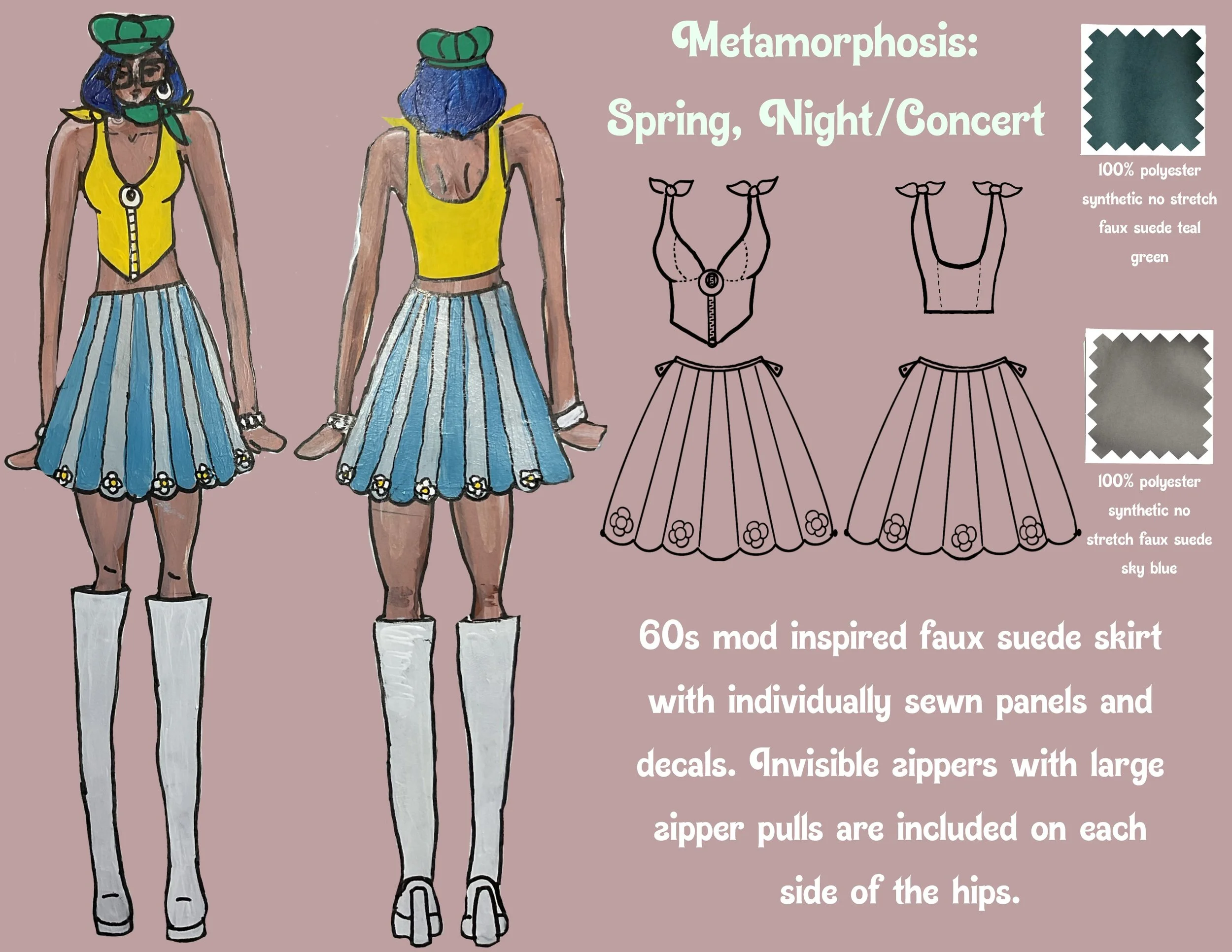 Metamorphosis Spring, Night/Concert. 

"60s mod inspired faux suede skirt with individually sewn patches and decals. invisible zippers with large zipper pulls are included on each side of the hips"

This outfit features a cute springtime medical acce