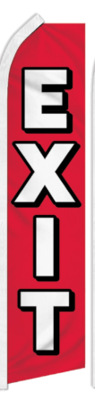 Red rectangular vertical banner with the word 'EXIT' in large black and white letters.