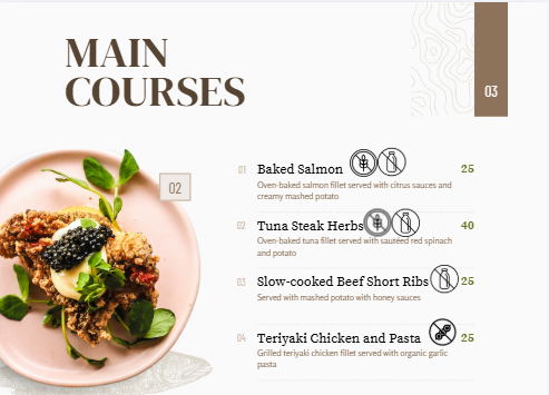 Main courses menu that includes ingredients and allergy icons.