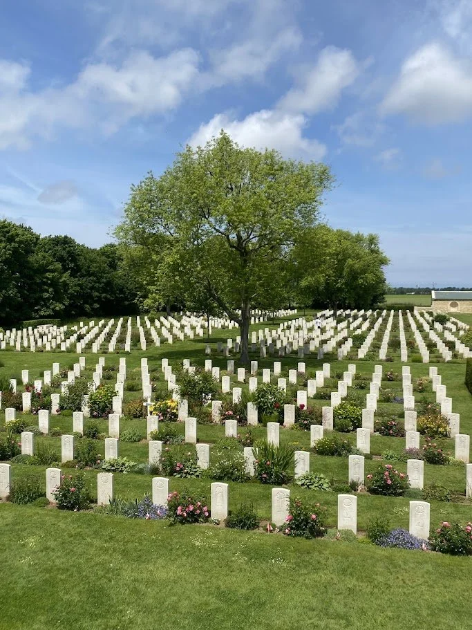 Military cemetery with rows of white gravestones, a large tree in the middle, and flowers around the graves, under a blue sky with clouds.