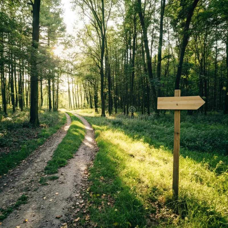 A dirt trail runs through a dense green forest with sunlight filtering through the trees. There is a wooden signpost on the right side of the path, pointing to the right.