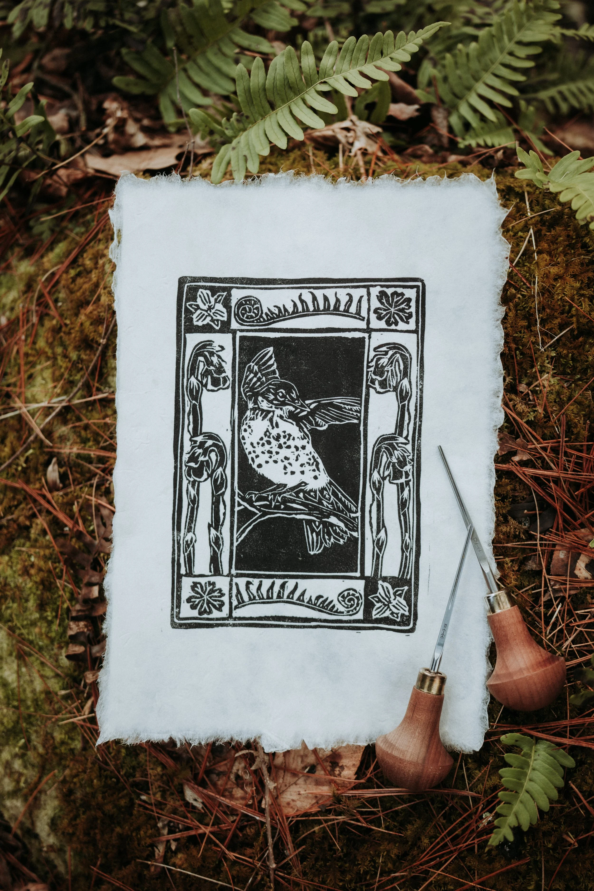 "All there is left is the fallin' rain"; 
Linoleum carving on mulberry paper (title borrowed from Link Wray's "Fallin' Rain") 