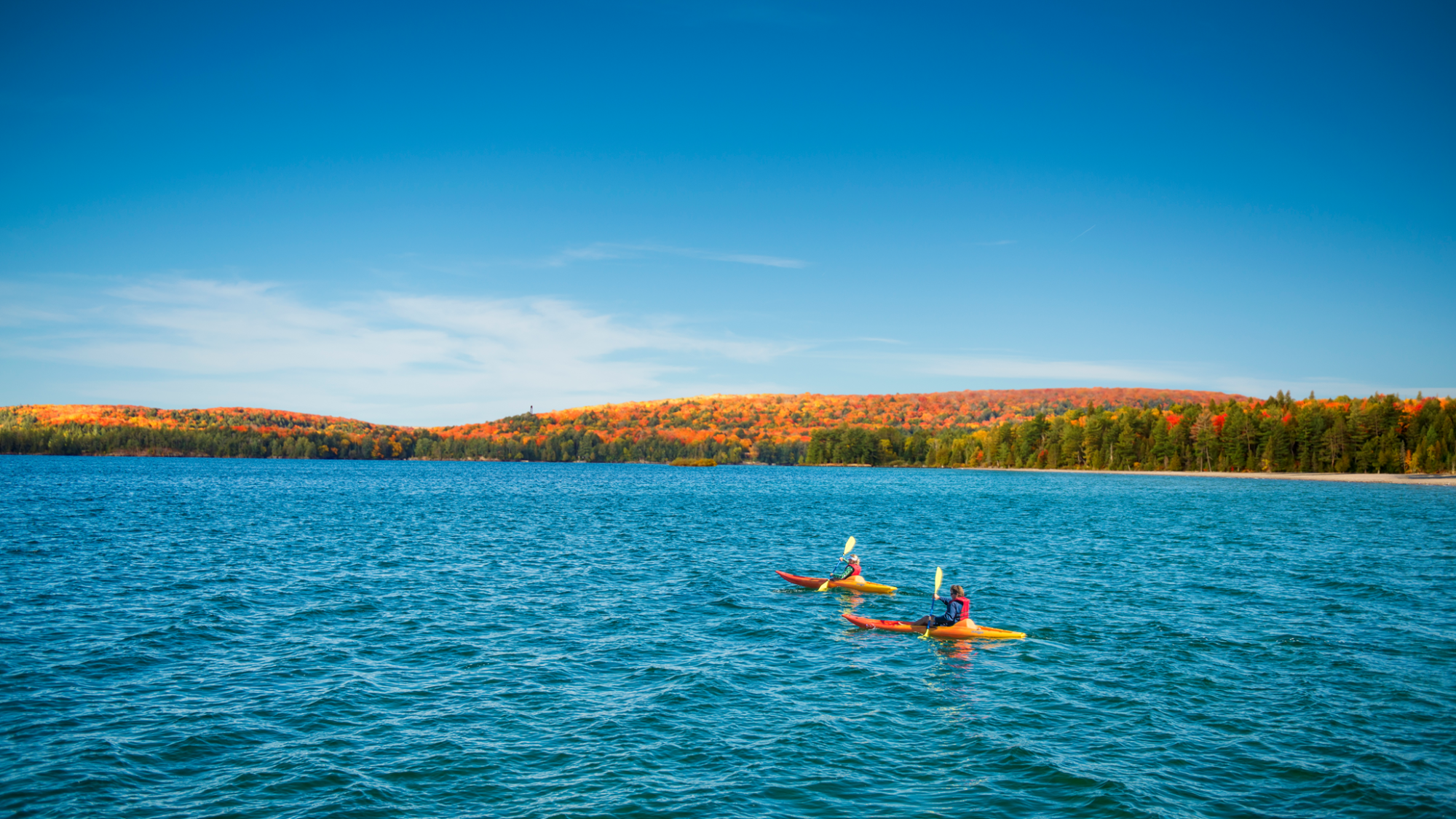 Two people kayaking on a large body of water with a forested shoreline and hills displaying fall colors in the background under a clear blue sky.