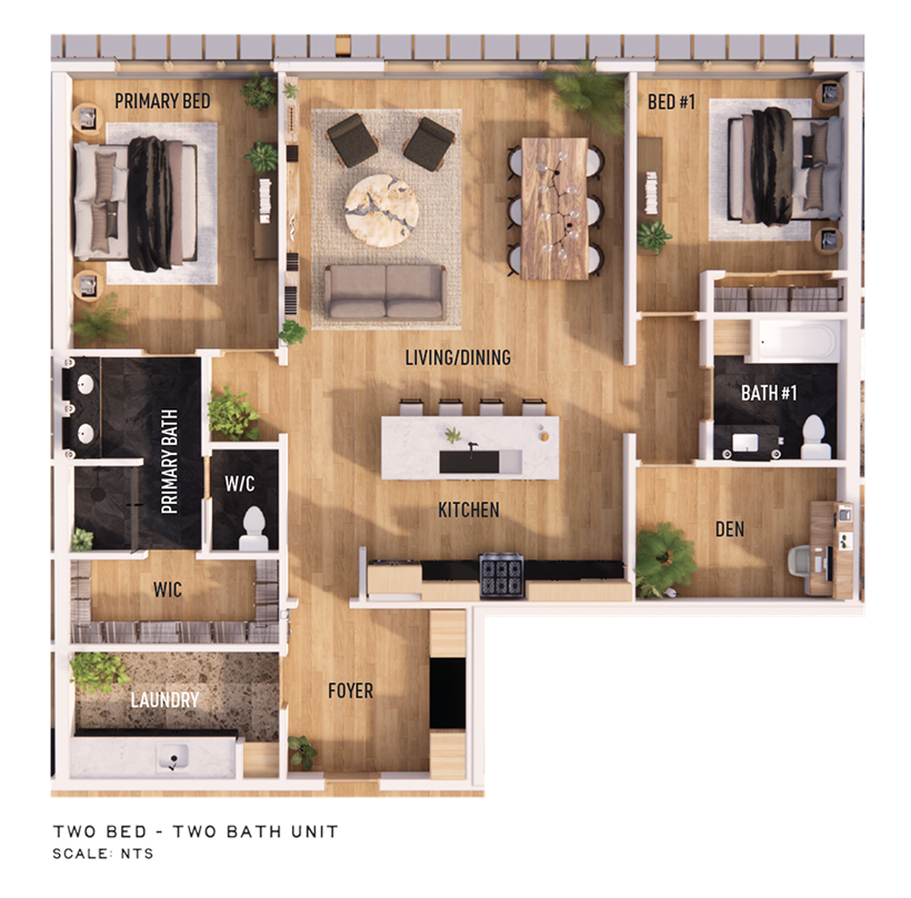 Floor plan of a two-bedroom, two-bath apartment including primary and second bedrooms, two bathrooms, living/dining area, kitchen, den, laundry room, foyer, and walk-in closets.