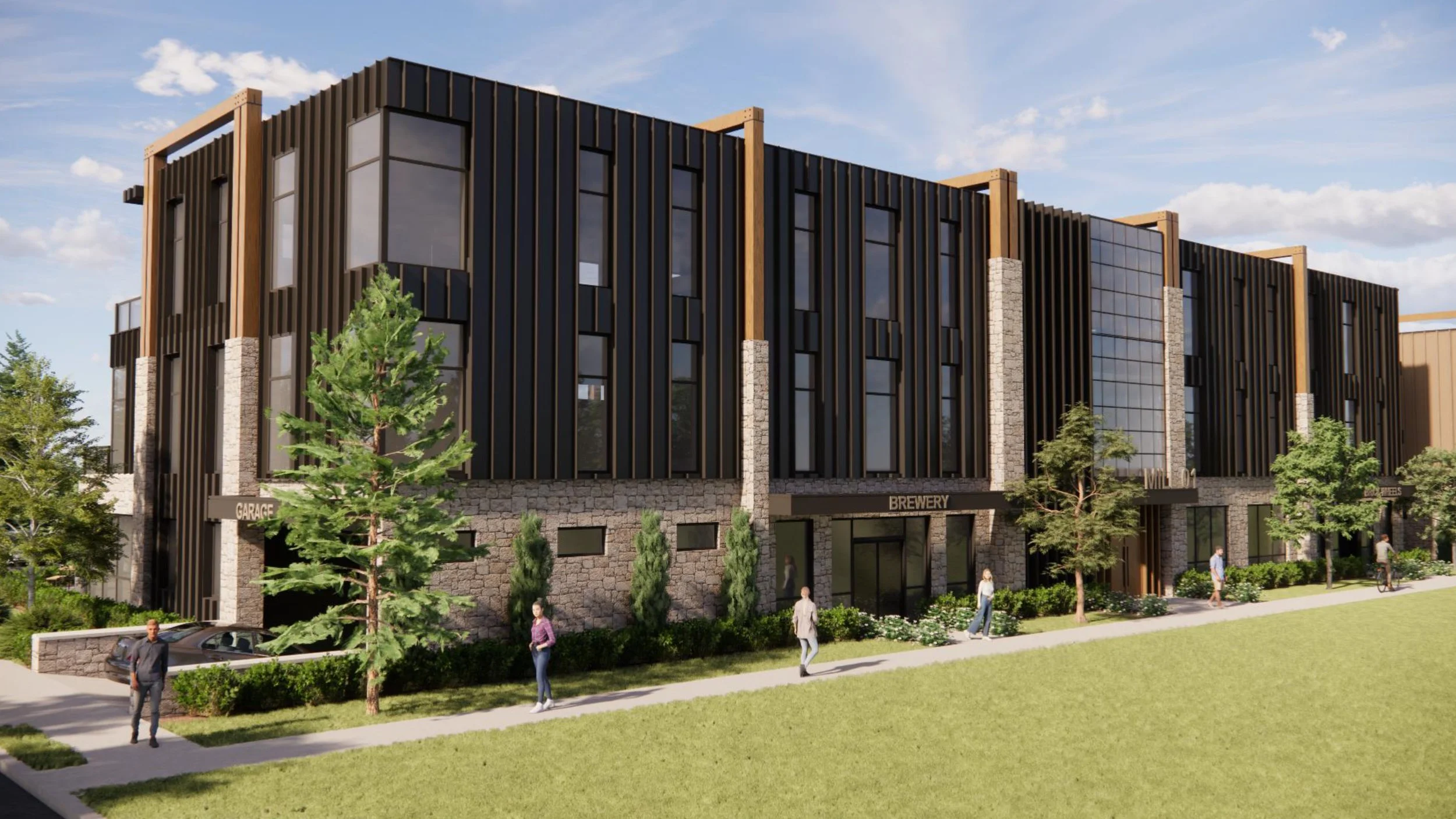 Modern multi-story commercial building with a dark exterior, large windows, and wooden accents, surrounded by trees, sidewalks, and people walking outside.