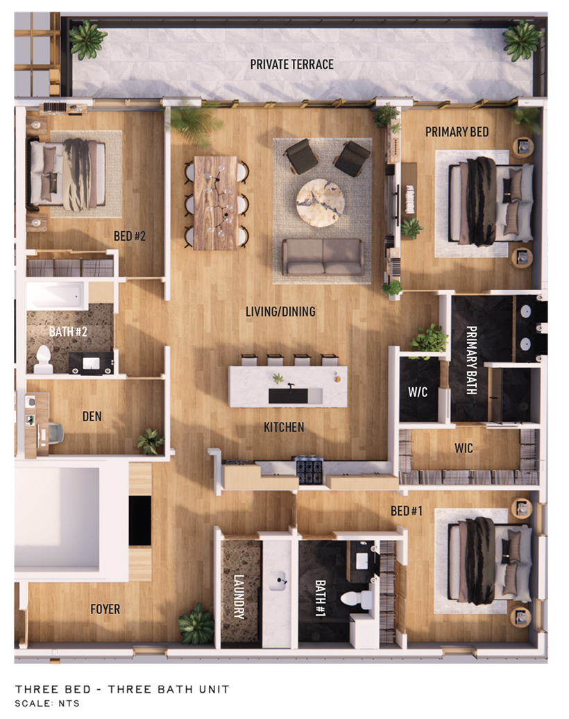 Floor plan of a modern apartment with 2 bedrooms, 2 bathrooms, a kitchen, living and dining area, laundry, den, and private terrace.