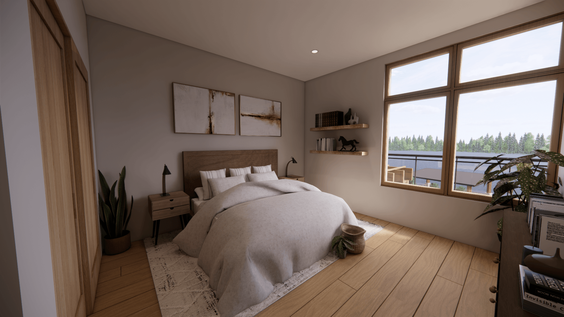 Mill District Residential - Bedroom lake view rendering