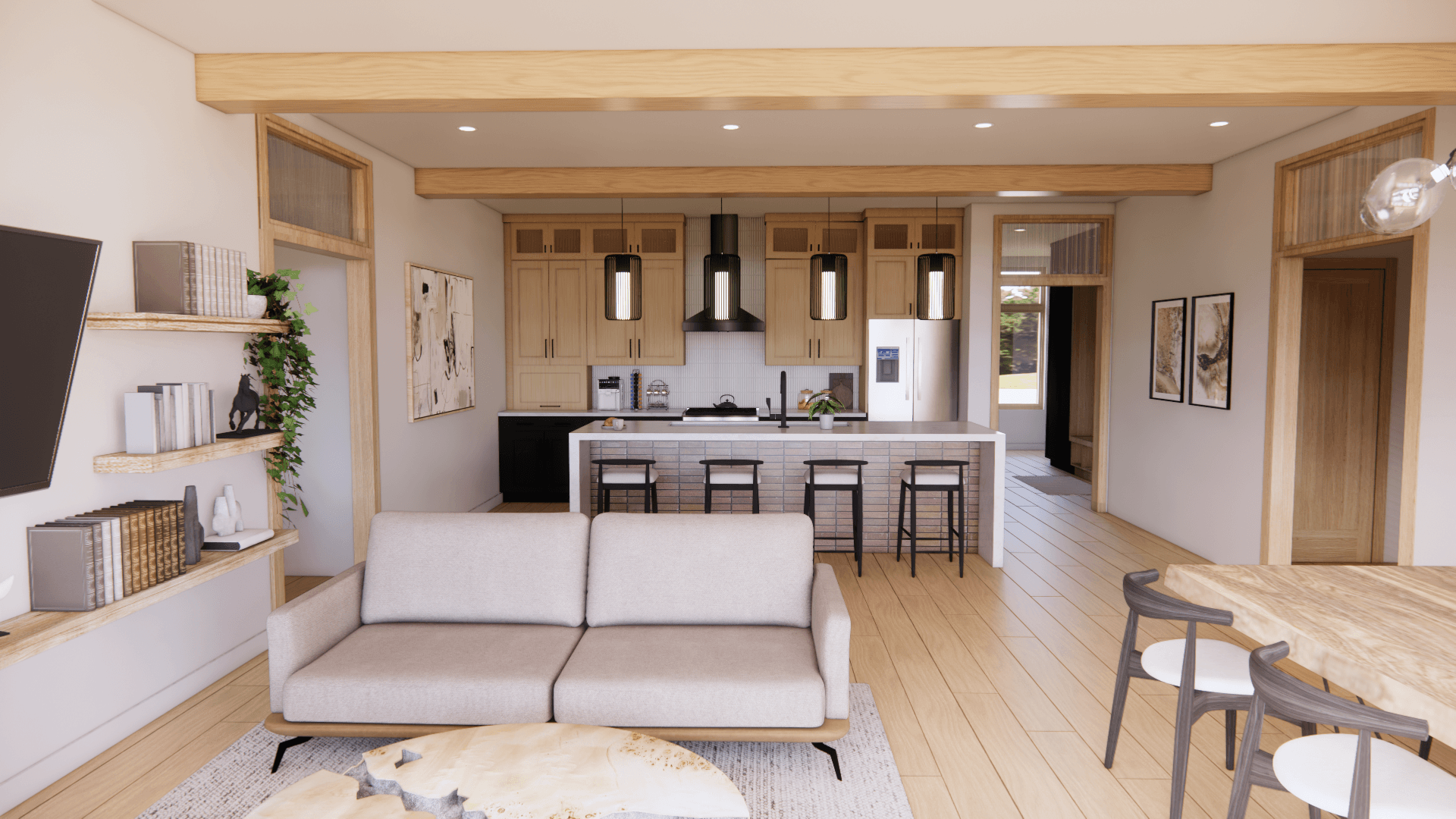 Modern kitchen and living room with light wood accents, black pendant lights, and white cabinetry