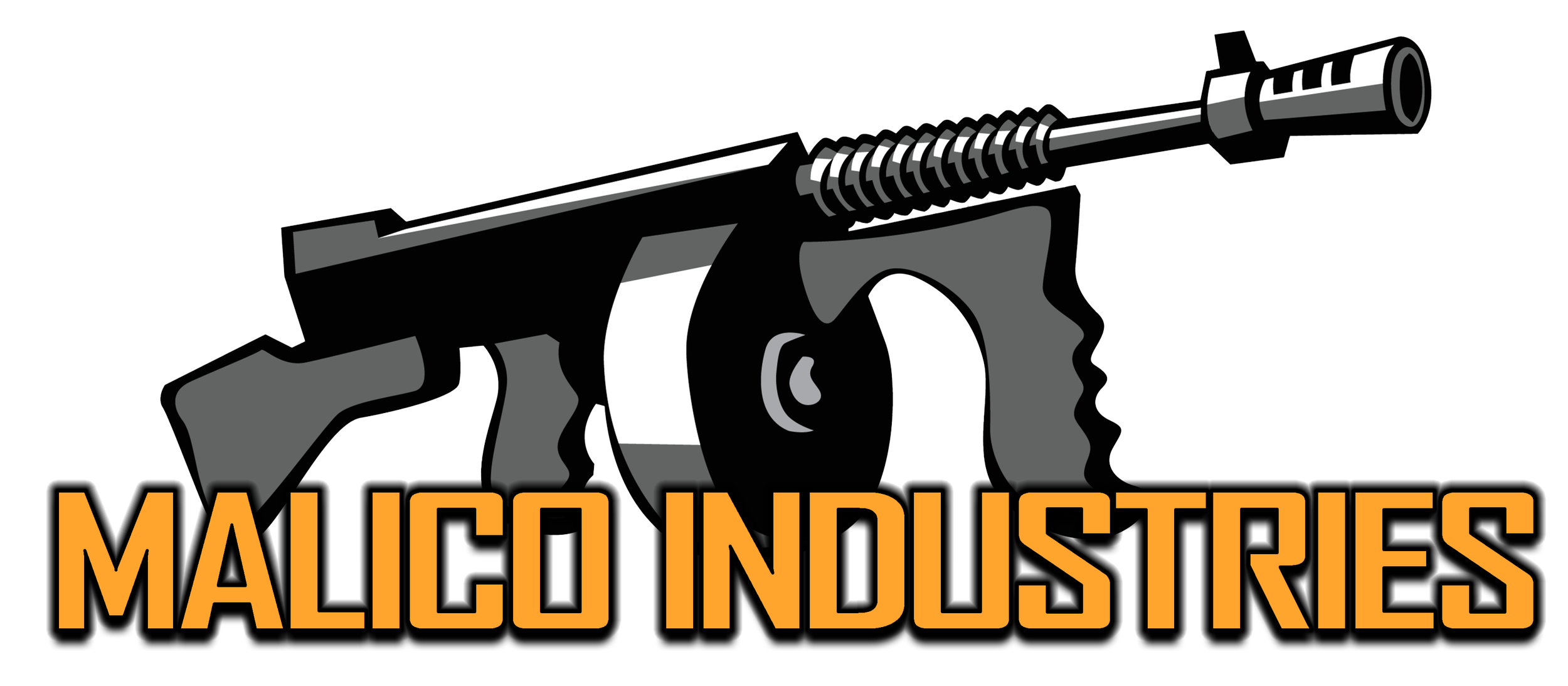 Graphic of a gun with a revolver barrel and a black grip, above the text 'Malico Industries' in bold orange letters