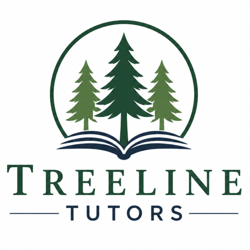 Logo for Treeline Tutors featuring three pine trees over an open book with the name 'Treeline Tutors' written below.