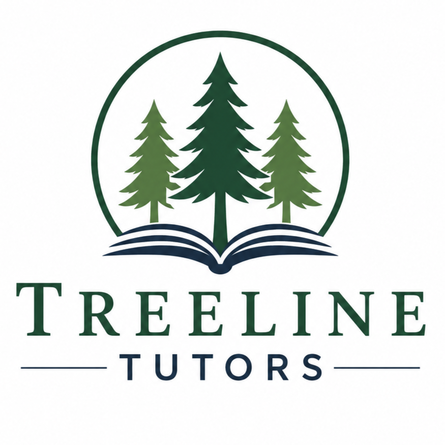 Logo for Treeline Tutors featuring three green pine trees over an open book, with the company name below.