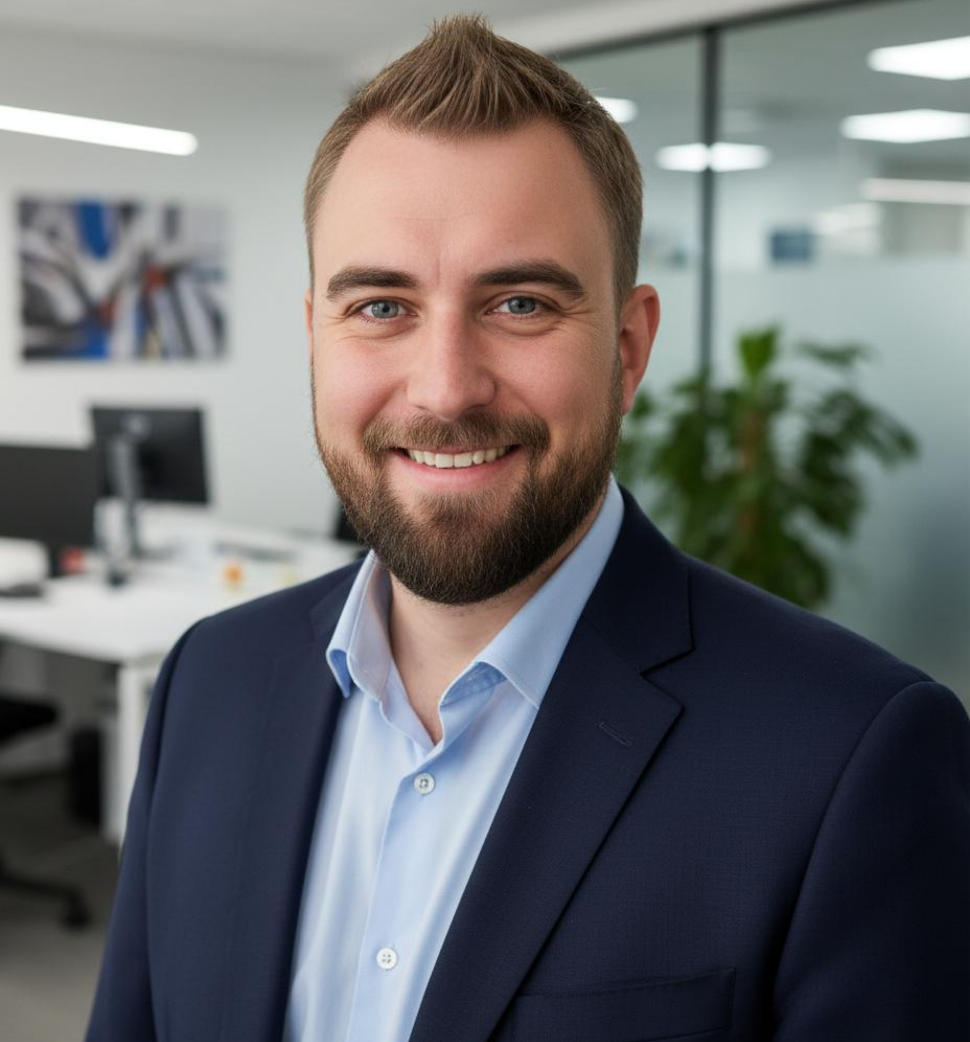 A man in a business suit smiling in an office setting with desks and a potted plant in the background.