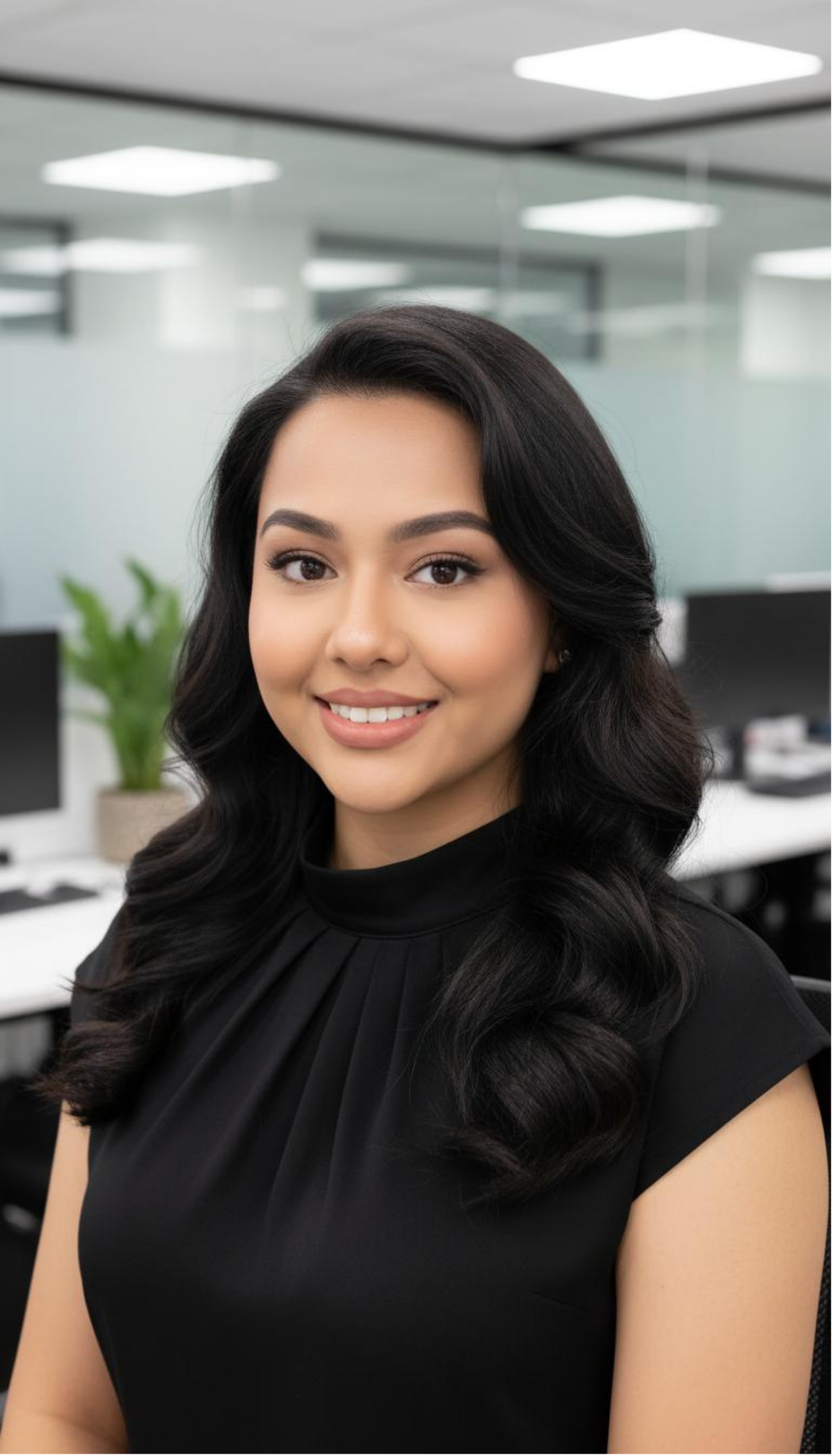 Portrait of a young woman with dark, wavy hair smiling at the camera in an office setting with computers and a potted plant.