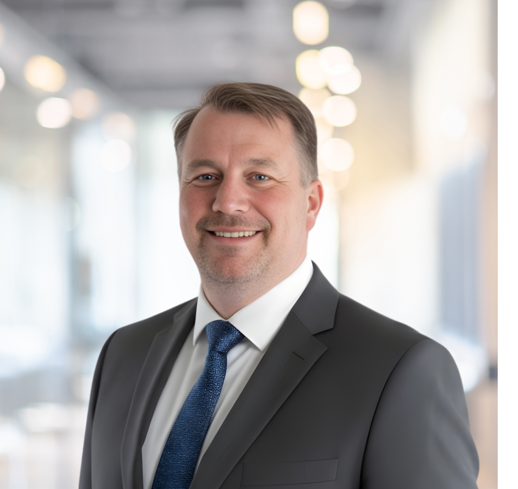 Professional headshot of a smiling man in a suit and tie with a blurred, well-lit indoor background.