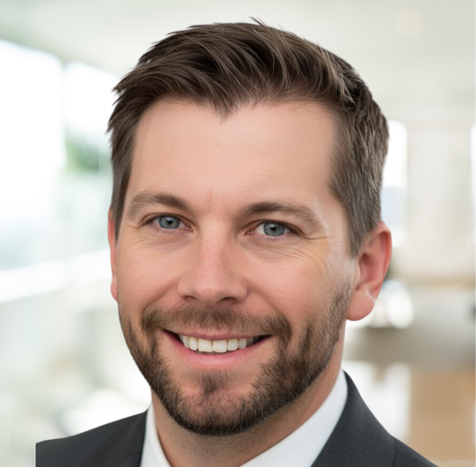 Close-up of a smiling man with short brown hair, blue eyes, and a beard, wearing a dark suit and white shirt, in a bright, blurred indoor setting.