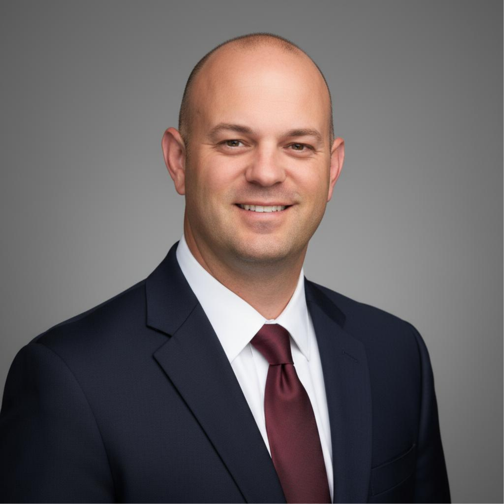 Professional headshot of a smiling man in a dark suit, white shirt, and maroon tie against a gray background.