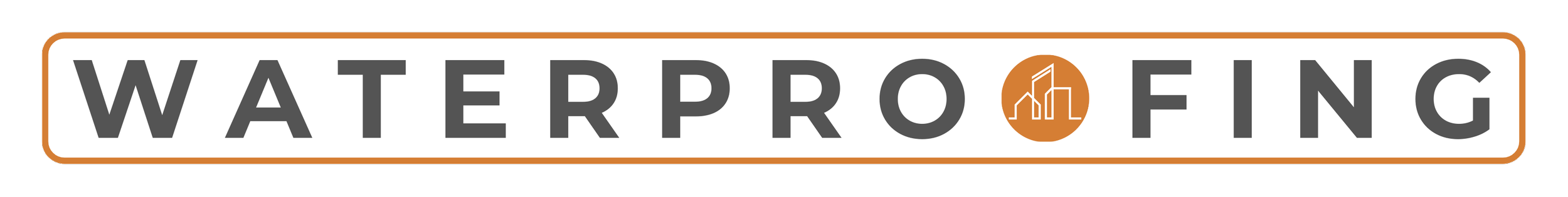Waterproofing company logo with the word 'WATERPROOFING' and an orange circle containing a white line drawing of a building.