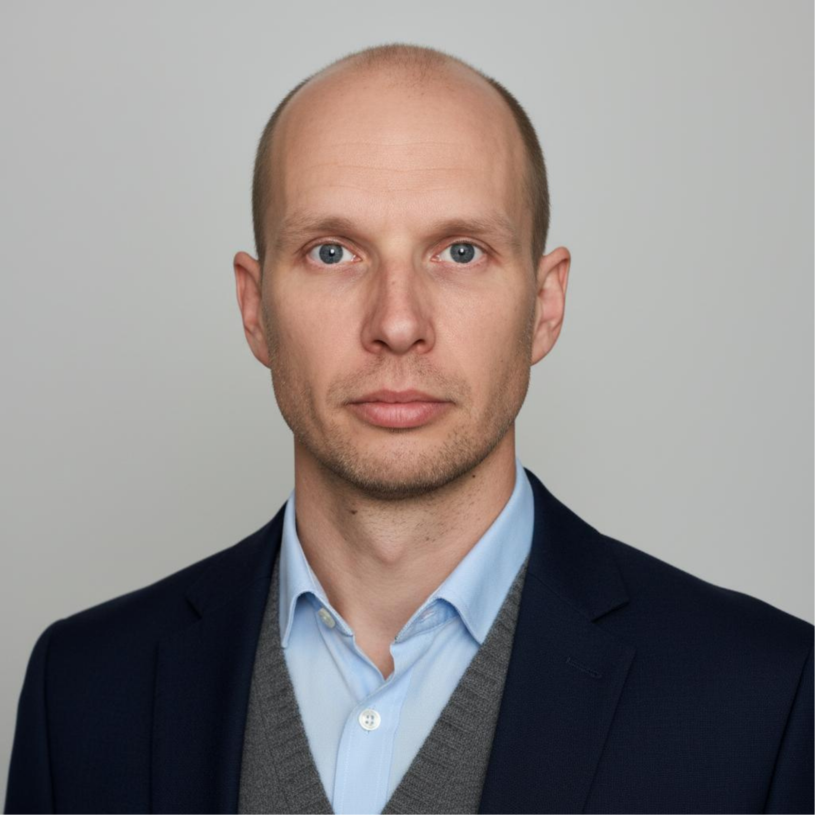 A headshot of a man in business attire, wearing a navy blazer, light blue shirt, and grey vest, with short hair and a neutral expression, against a plain grey background.
