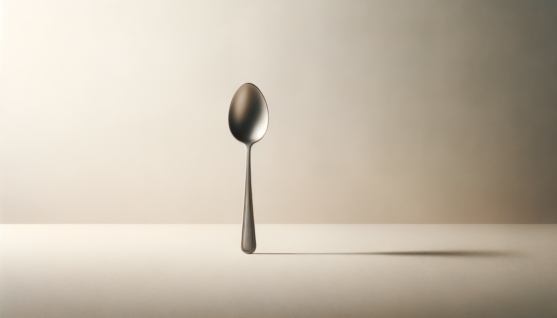 Single stainless steel spoon standing upright on a white surface with a shadow extending to the right, against a neutral beige background.