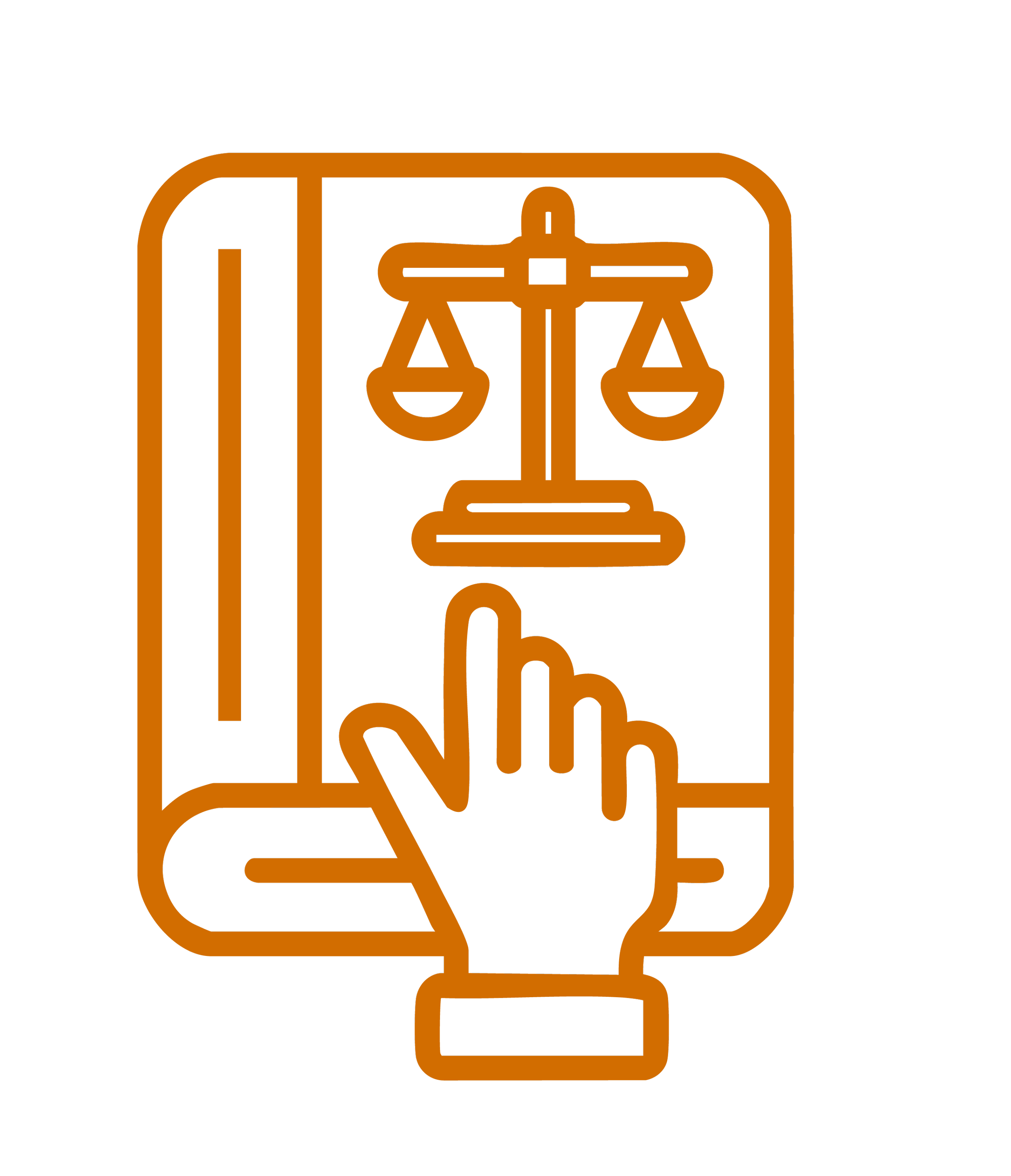 Ícono de balanza de justicia y mano señalando en una pantalla de dispositivo móvil