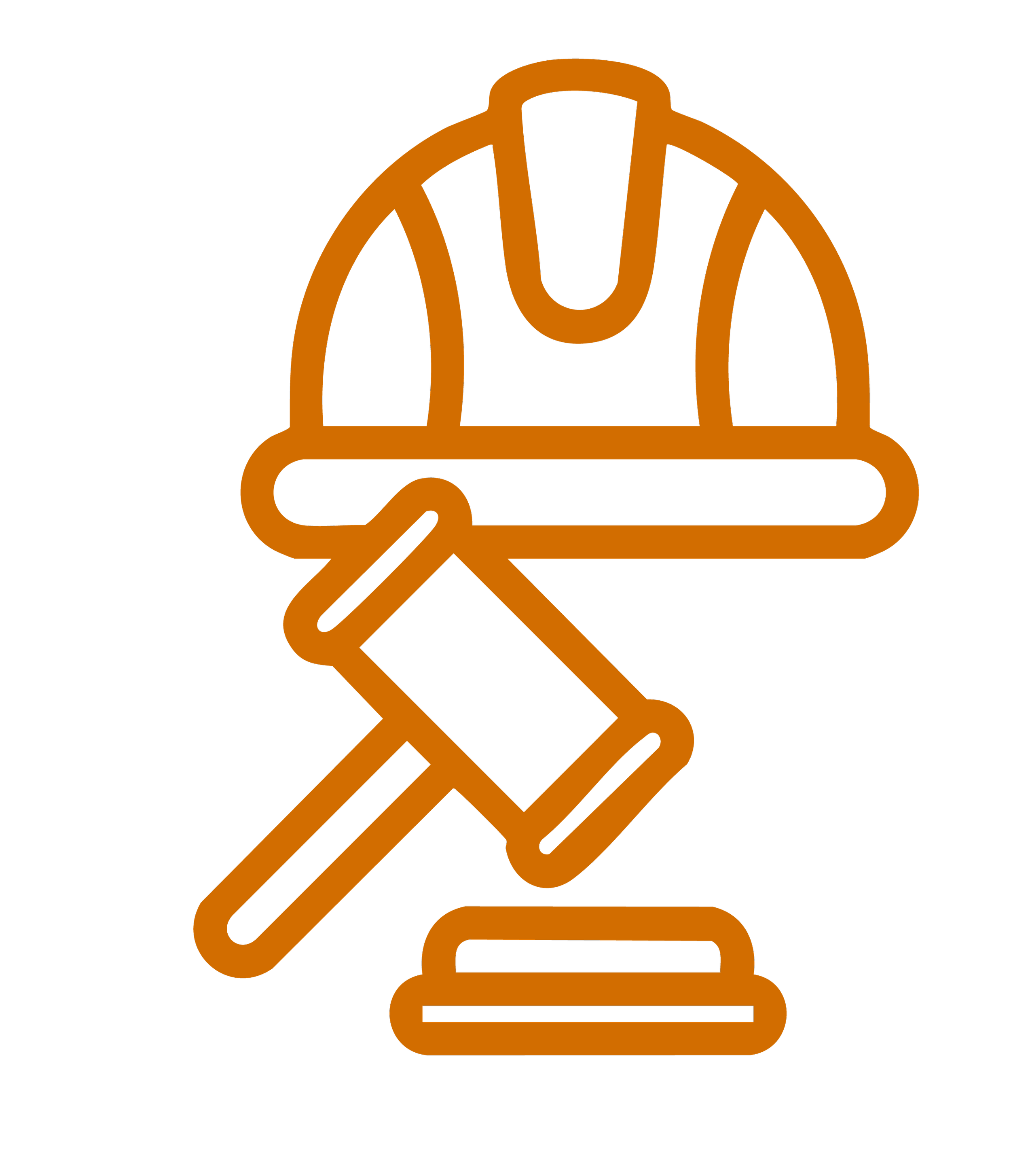 Icono de un casco de obra, un martillo y un pedestal en color naranja sobre fondo negro.