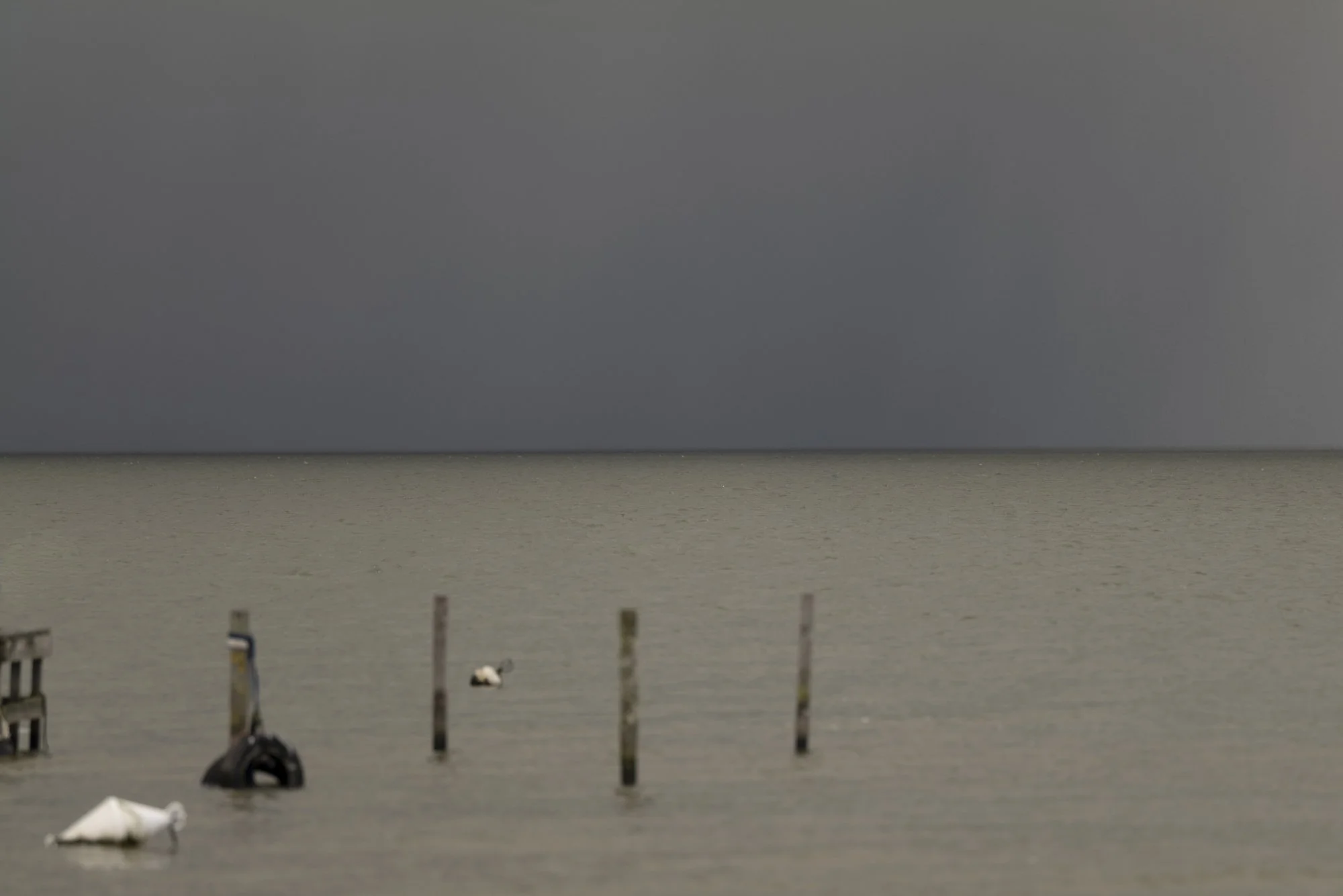Minimal landscape of calm water and distant horizon under a dramatic grey sky