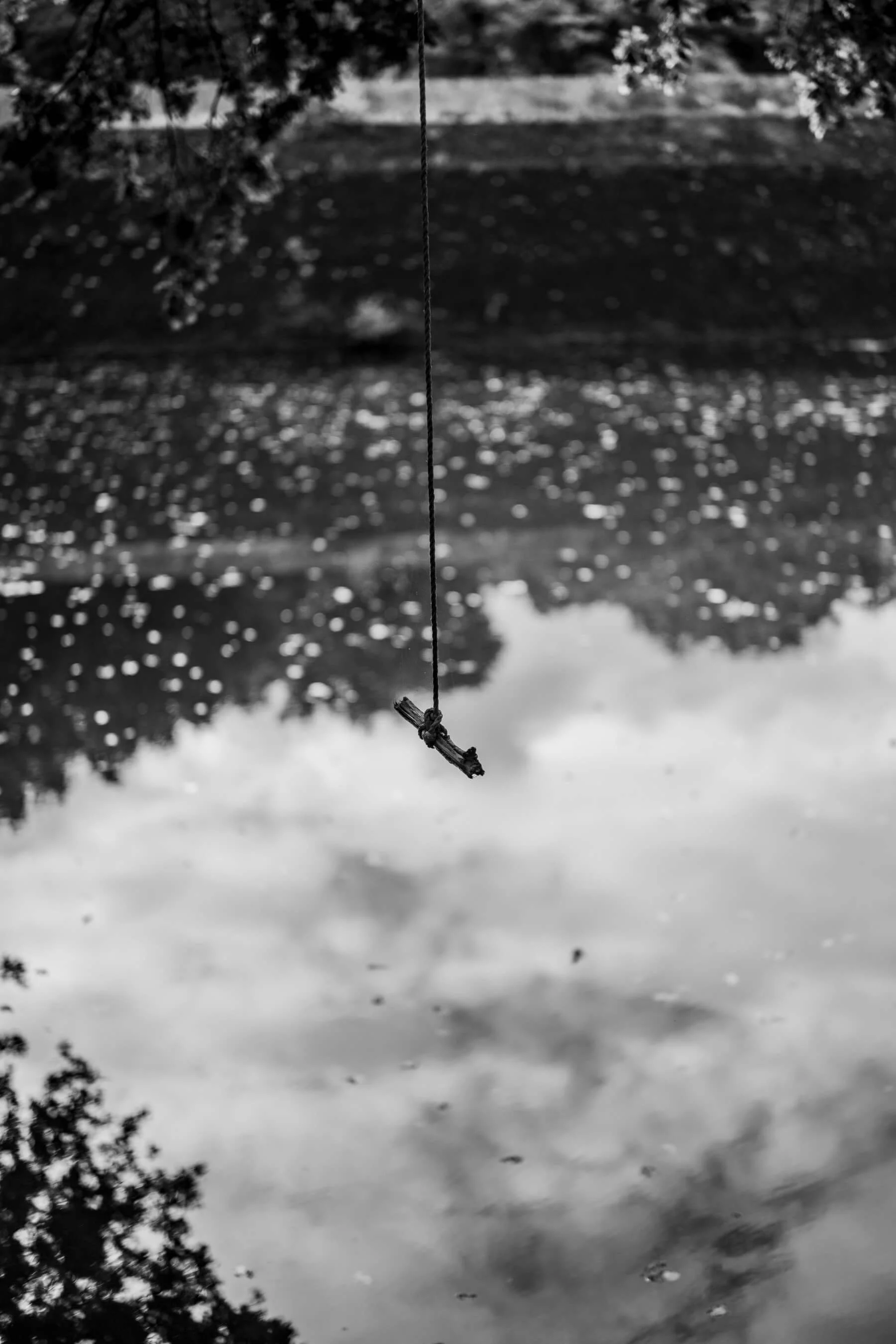 Black and white photo of a rope swing hanging above calm water, captured by Studio Trois Pommes