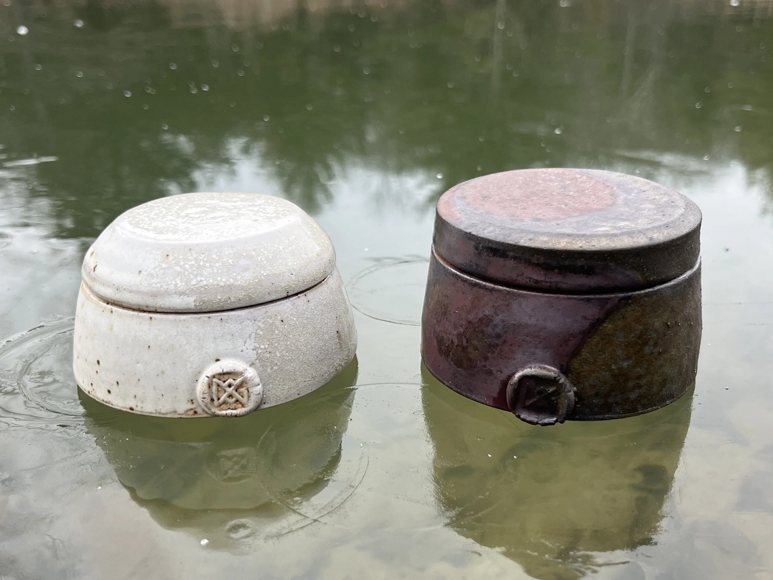 Two stone bowls with lids, one white and one dark brown, partially submerged in water with a blurred green background.