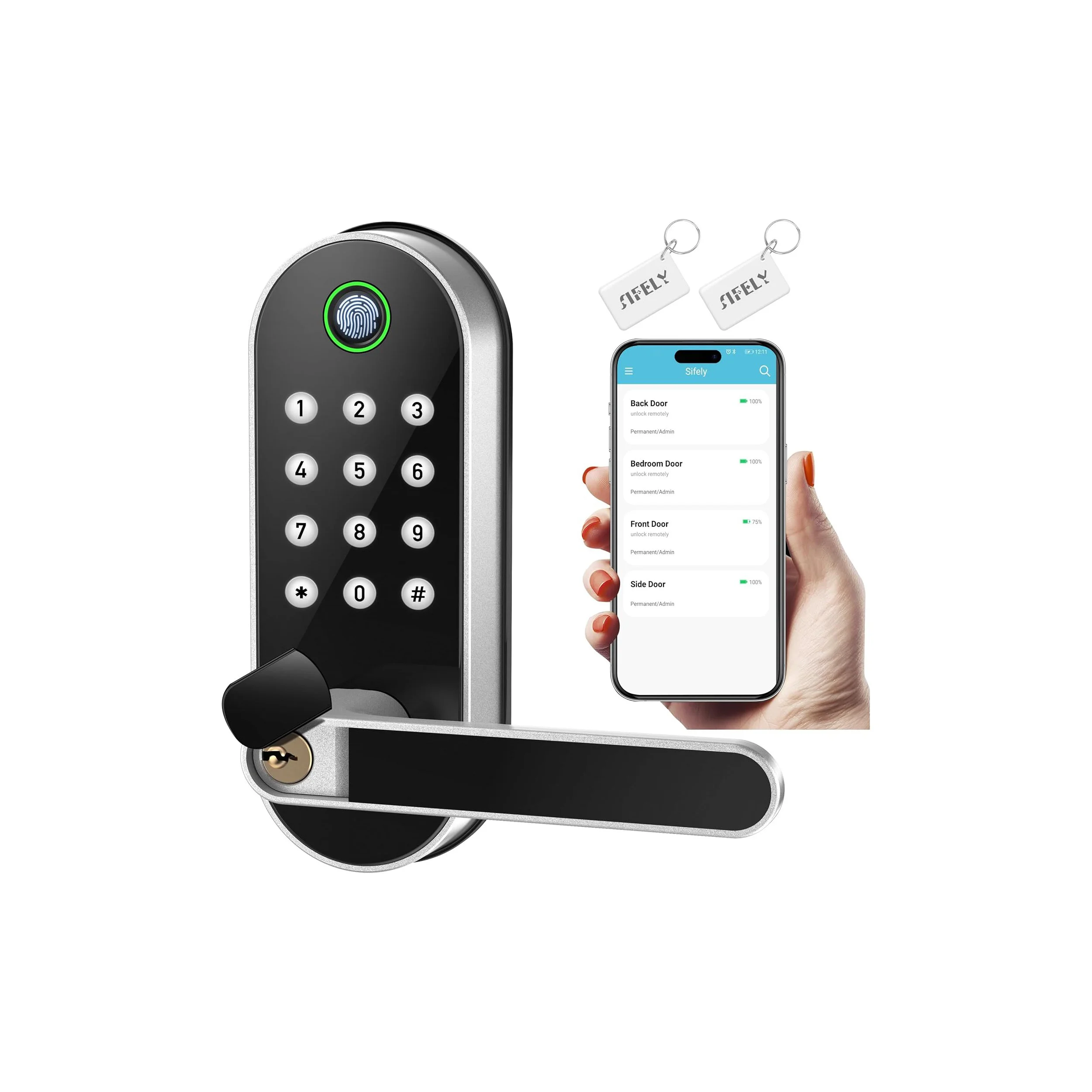 Smart electronic lock with keypad, fingerprint scanner, and keypad cover, connected to a smartphone app for remote management, with key tags nearby.