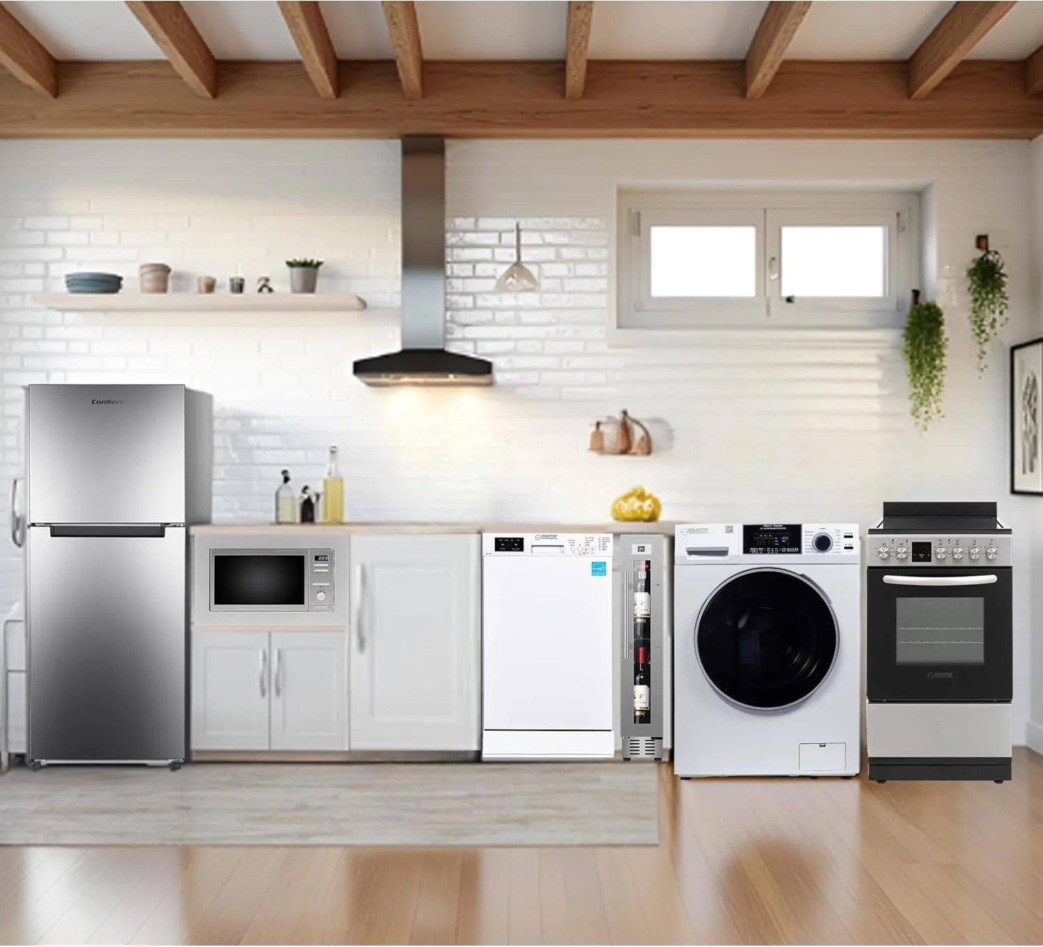 Modern kitchen with white cabinets, stainless steel refrigerator, microwave, dishwasher, washing machine, and oven, with a white brick wall and wooden ceiling beams, and a window with plants.