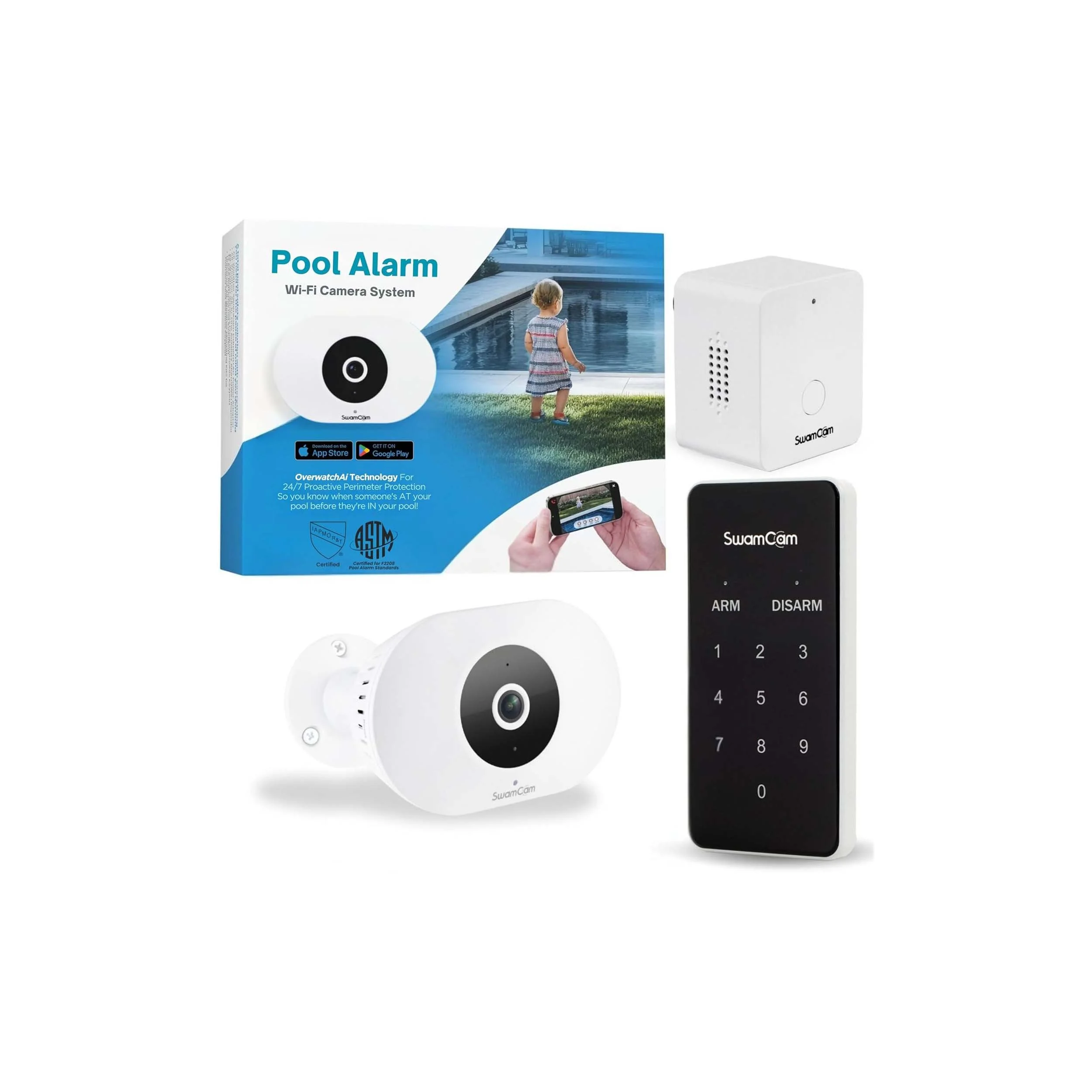 A pool alarm system including a box with a camera, a remote control keypad, and the product packaging showing a child at a pool.