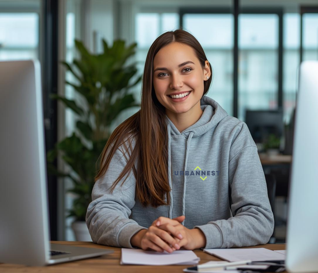 A young woman with long brown hair smiling at the camera, sitting at a desk with a laptop and papers, in a modern office environment.