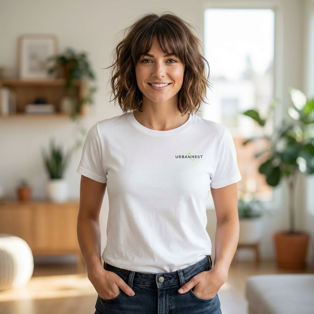 Smiling woman standing indoors in a well-lit room with plants and furniture, wearing a white T-shirt with 'URBAN nest' logo.