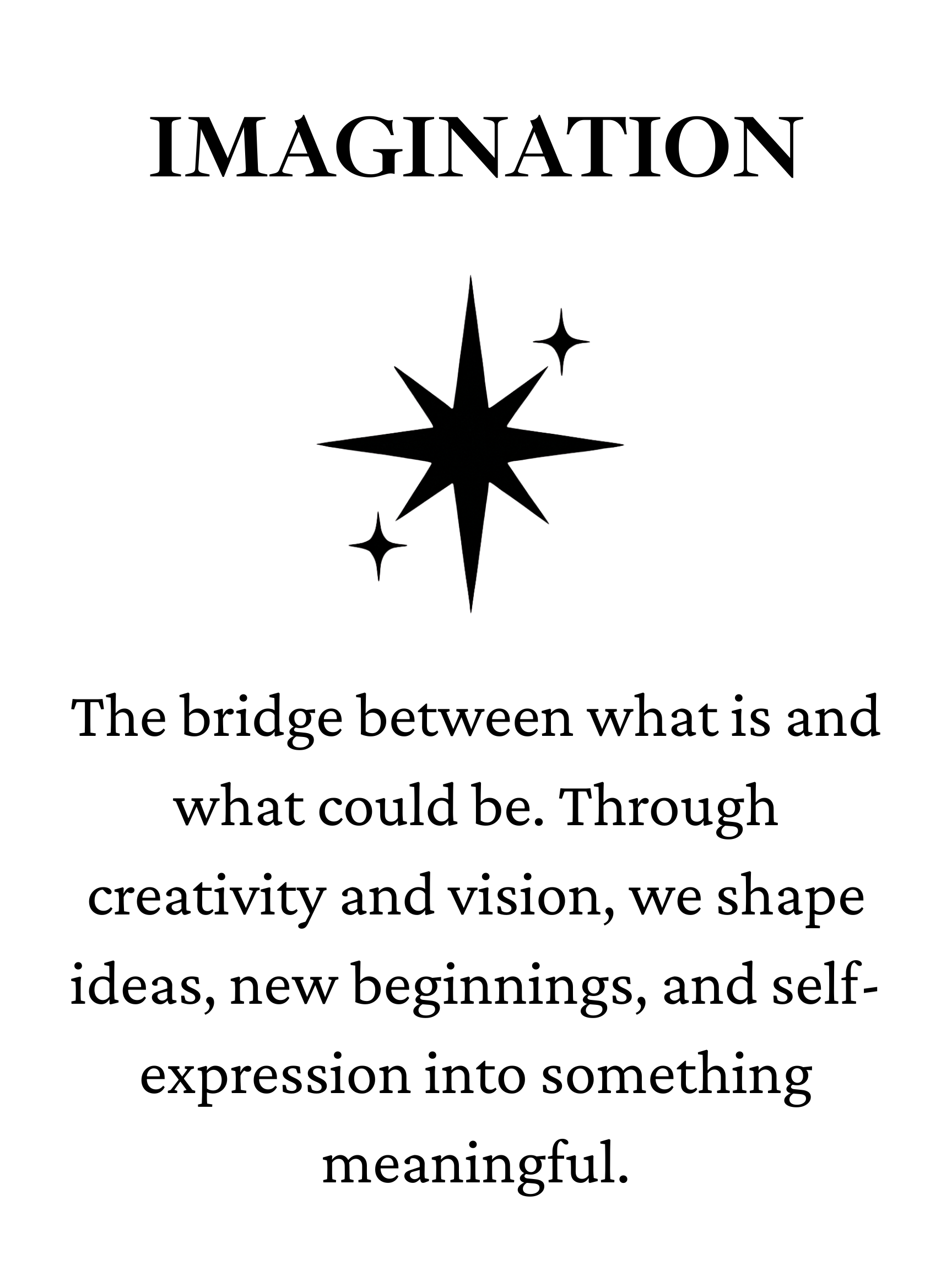 The image features the word 'IMAGINATION' at the top, a starburst graphic and three smaller stars below it, and a quote that reads, 'The bridge between what is and what could be. Through creativity and vision, we shape ideas, new beginnings, and self-expression into something meaningful.'