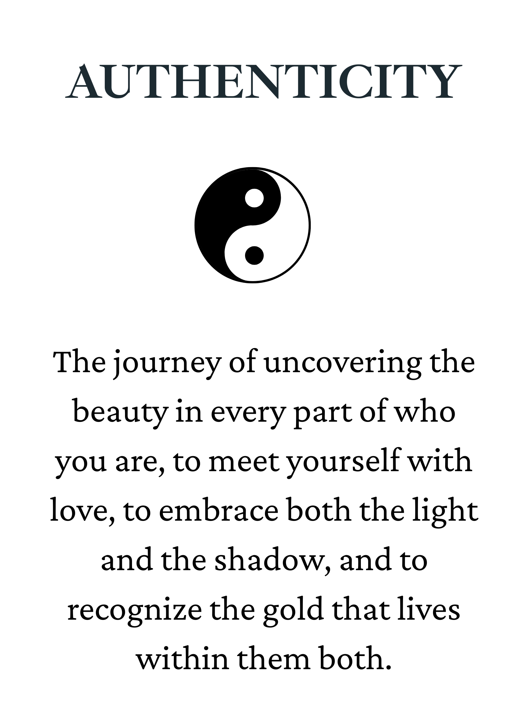 A book cover titled 'Authenticity' with a yin-yang symbol in the center and a subtitle about discovering beauty in oneself.
