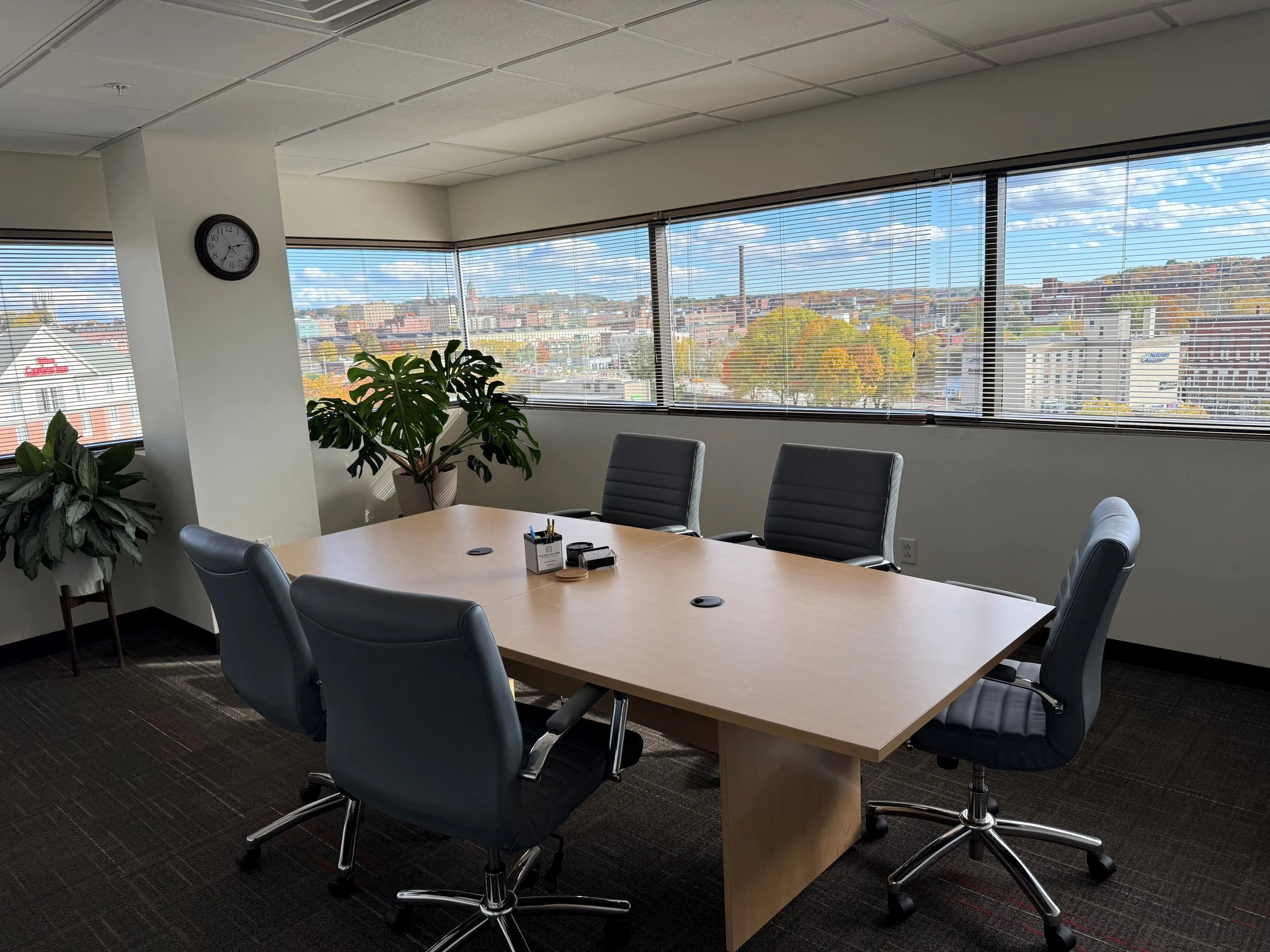 A conference room with a large wooden table surrounded by six black leather office chairs. Two potted plants are in the corners, and large windows with blinds reveal a cityscape with trees and buildings under a blue sky with scattered clouds.