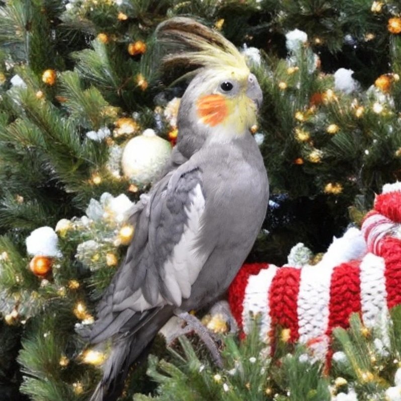 A cockatiel with yellow crest and orange cheeks perched among Christmas tree branches decorated with lights and ornaments, next to a red and white striped knitted item.