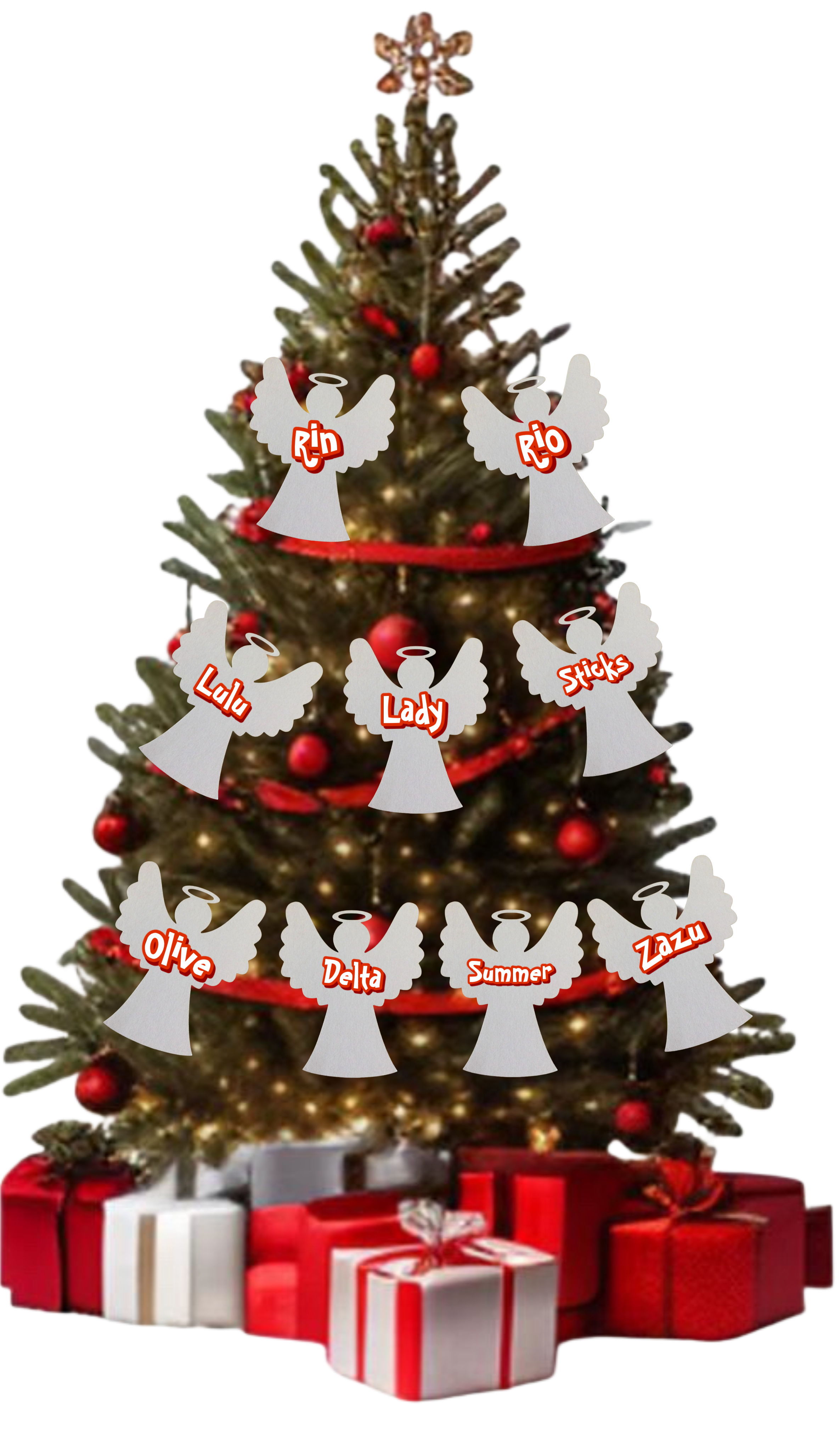 Christmas tree decorated with ornaments and garland, with angel-shaped tags hanging from the branches bearing names.