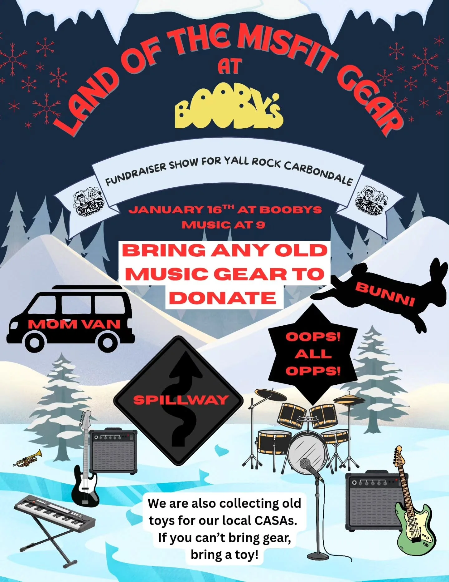 It's the new year, but that doesn't mean the holidays have to end!

Join us at Booby's for Land of the Misfit Gear! January 16th at 9pm!

🎤Support Local Bands

🎸Donate Used Gear to Y'all Rock

⭐️Donate Gently Used Toys for CASAs

And if you can't m