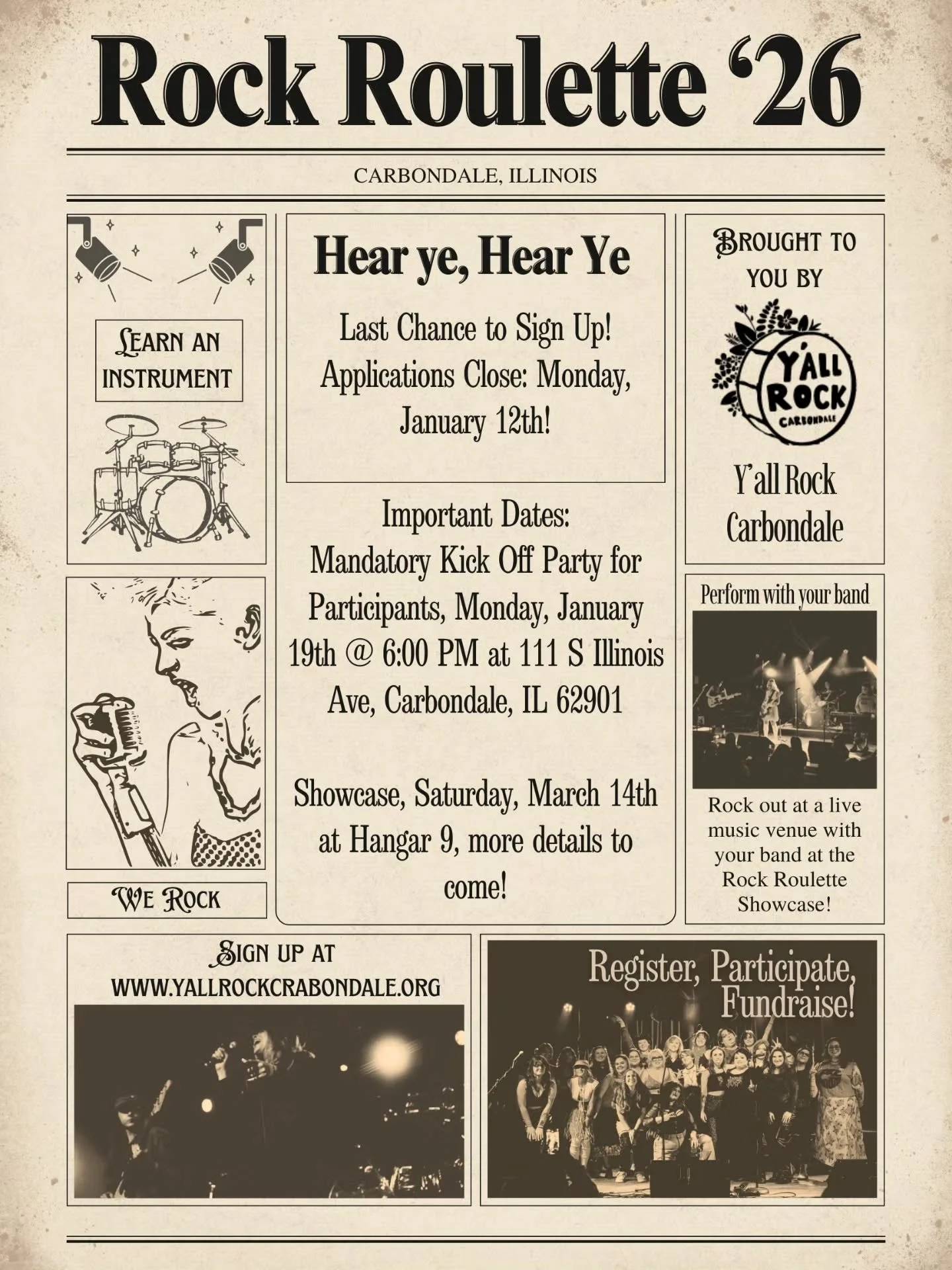 This is your LAST CHANCE to sign up for Rock Roulette!

LINK IN BIO

Applications Close: Monday, January 12th!

Important Dates:
-Mandatory Kick Off Party for Participants, Monday, January 19th @ 6:00 PM at 111 S Illinois Ave, Carbondale, IL 62901
-S