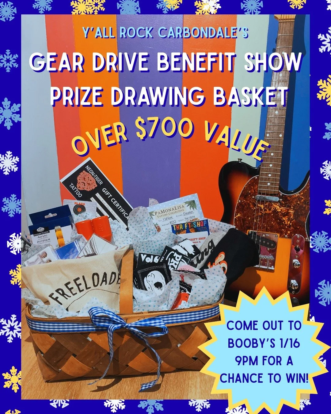 Come on out to @boobys_carbondale tomorrow night, 1/16, for a chance to win this amazing prize basket. All proceeds go towards our Winter Gear Drive, where we are raising money to replace and update our equipment. 

This basket is valued at over $700