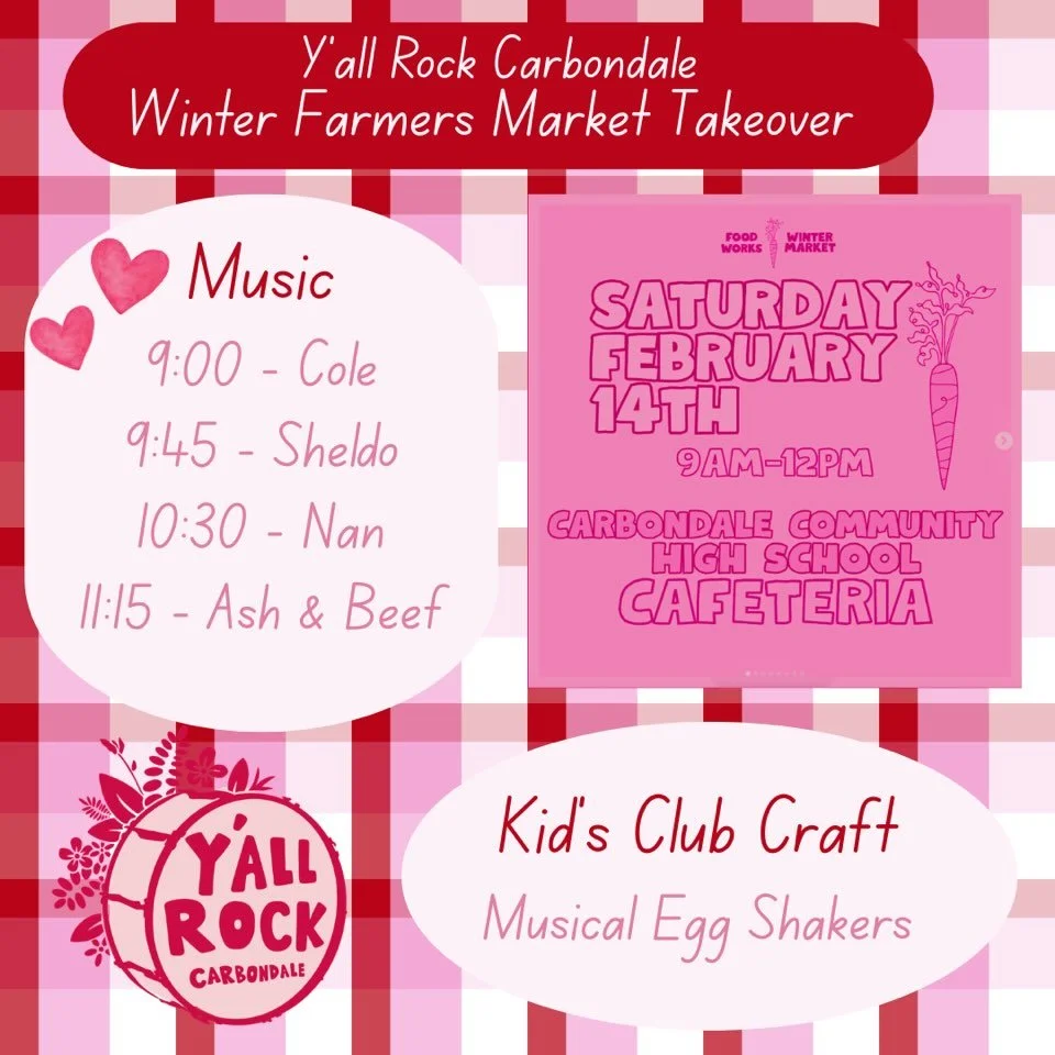 Come see us at @carbondalemarket tomorrow for a Y&rsquo;all Rock takeover! We have some great musicians performing throughout the event 🎶🎸
We&rsquo;ll be making musical egg shakers at the Kid&rsquo;s Club. Come out from 9-12 at the Carbondale Commu