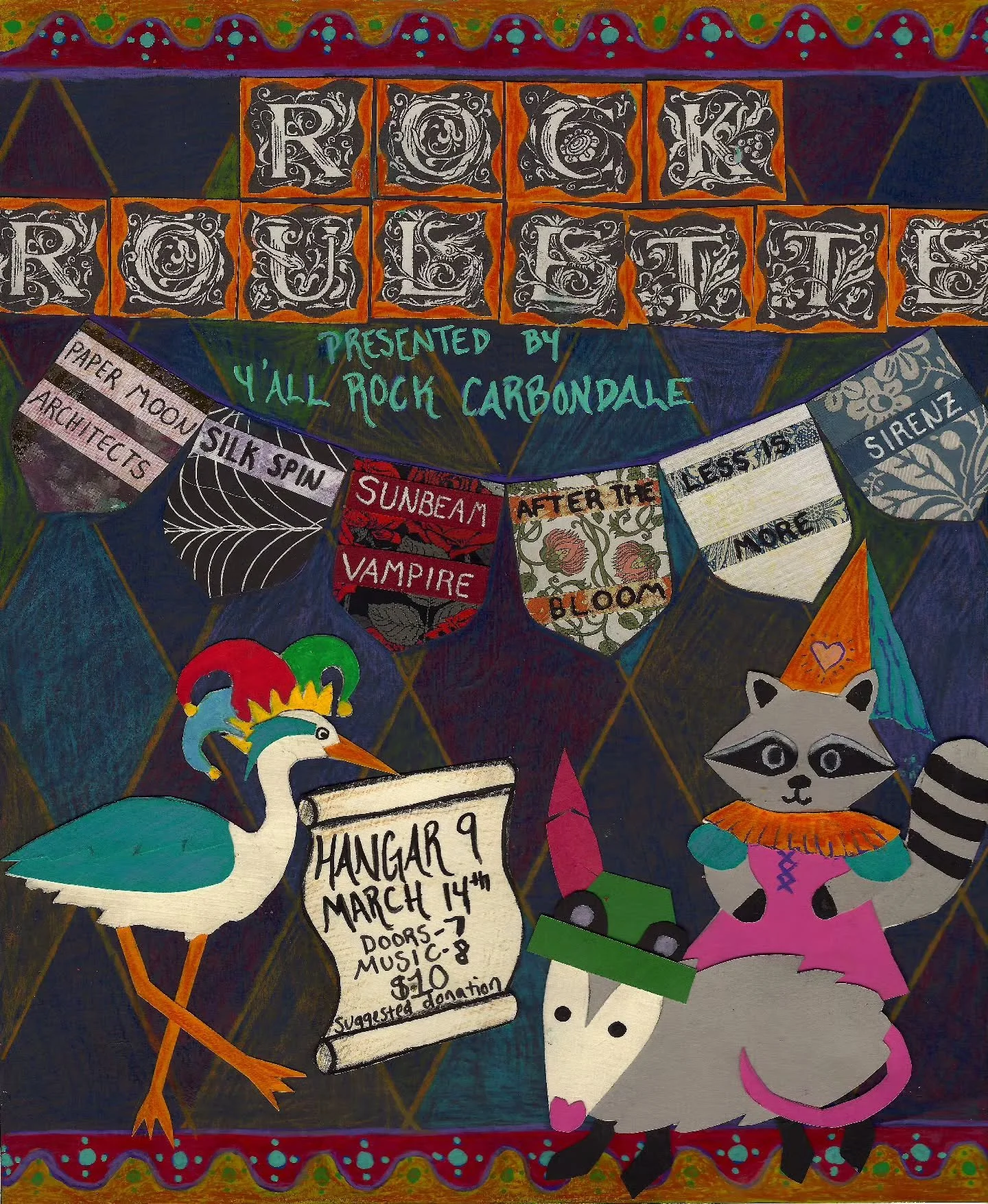 Join us March 14th @thehangar9
for music, prize drawings, and more for ROCK ROULETTE 2026!!!

Door Open 7pm
Music Starts 8pm
$10 Suggested Donation 

Taking the stage for the first time:
-Paper Moon Architects 
-Silk Spin
-Sunbeam Vampire
-After the 
