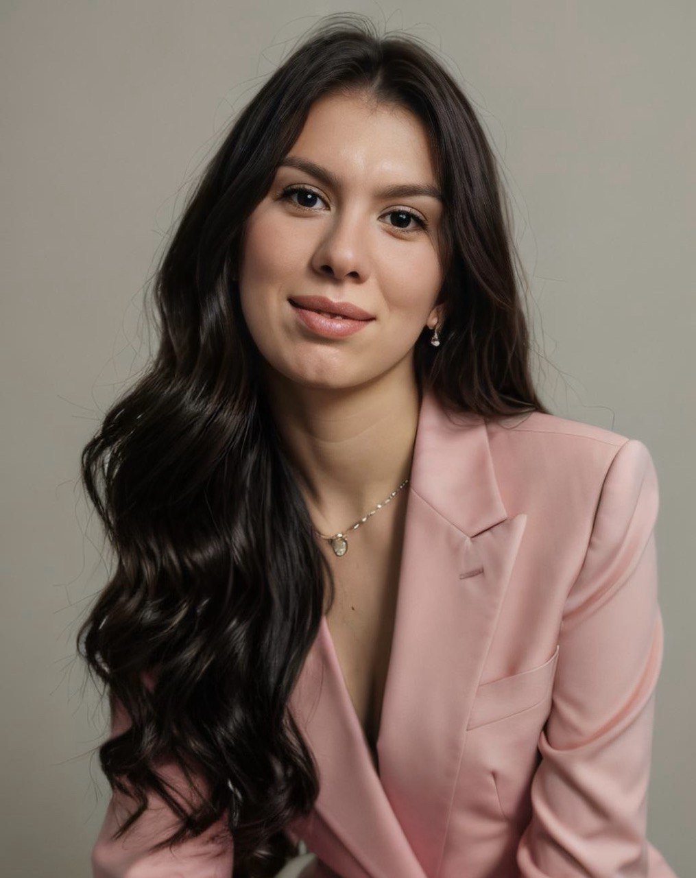 Portrait of a young woman with long, wavy dark hair, wearing a pink blazer, a necklace with a teardrop pendant, and small earrings, against a neutral background.
