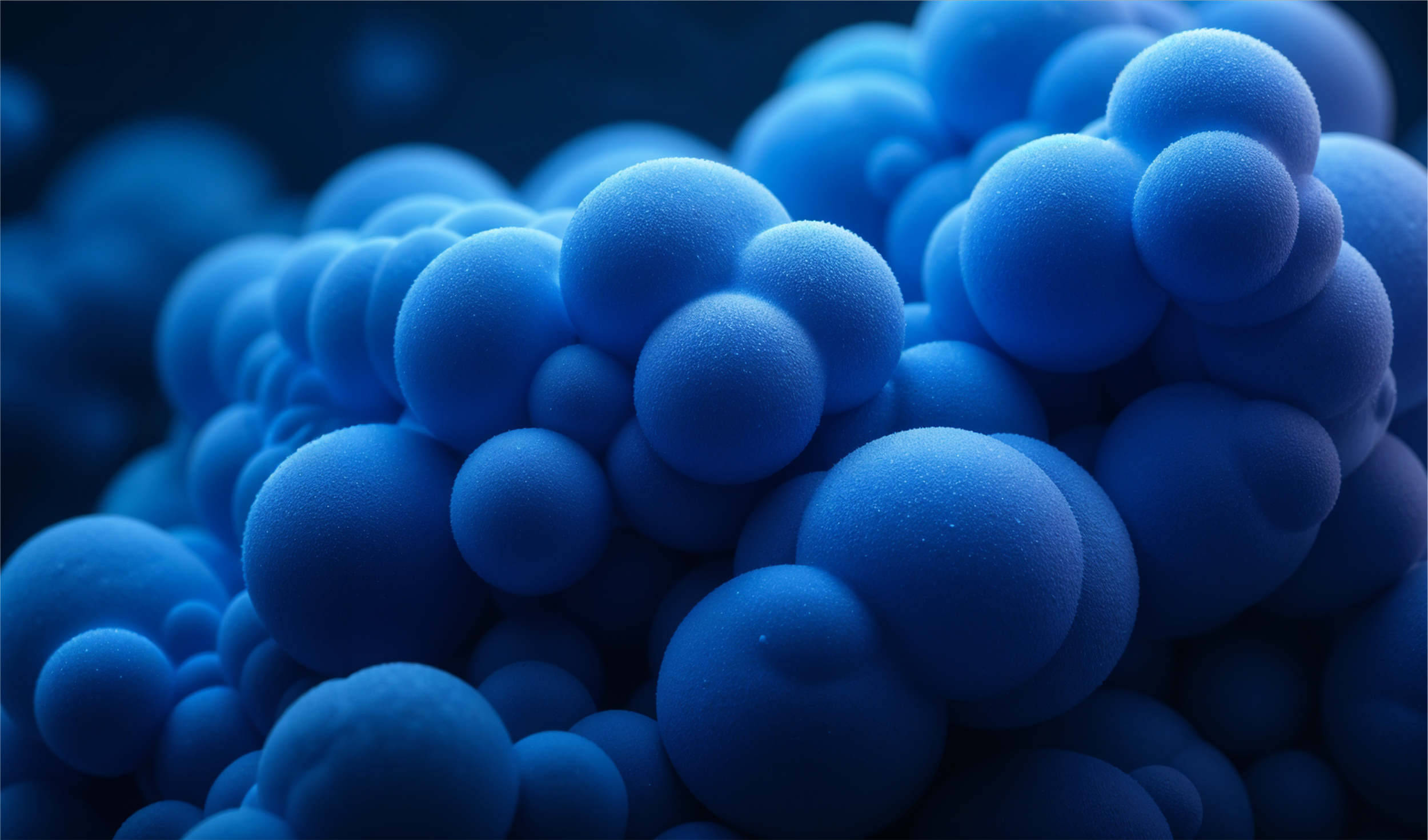 Close-up of numerous blue spherical particles with textured surfaces, forming an abstract pattern.
