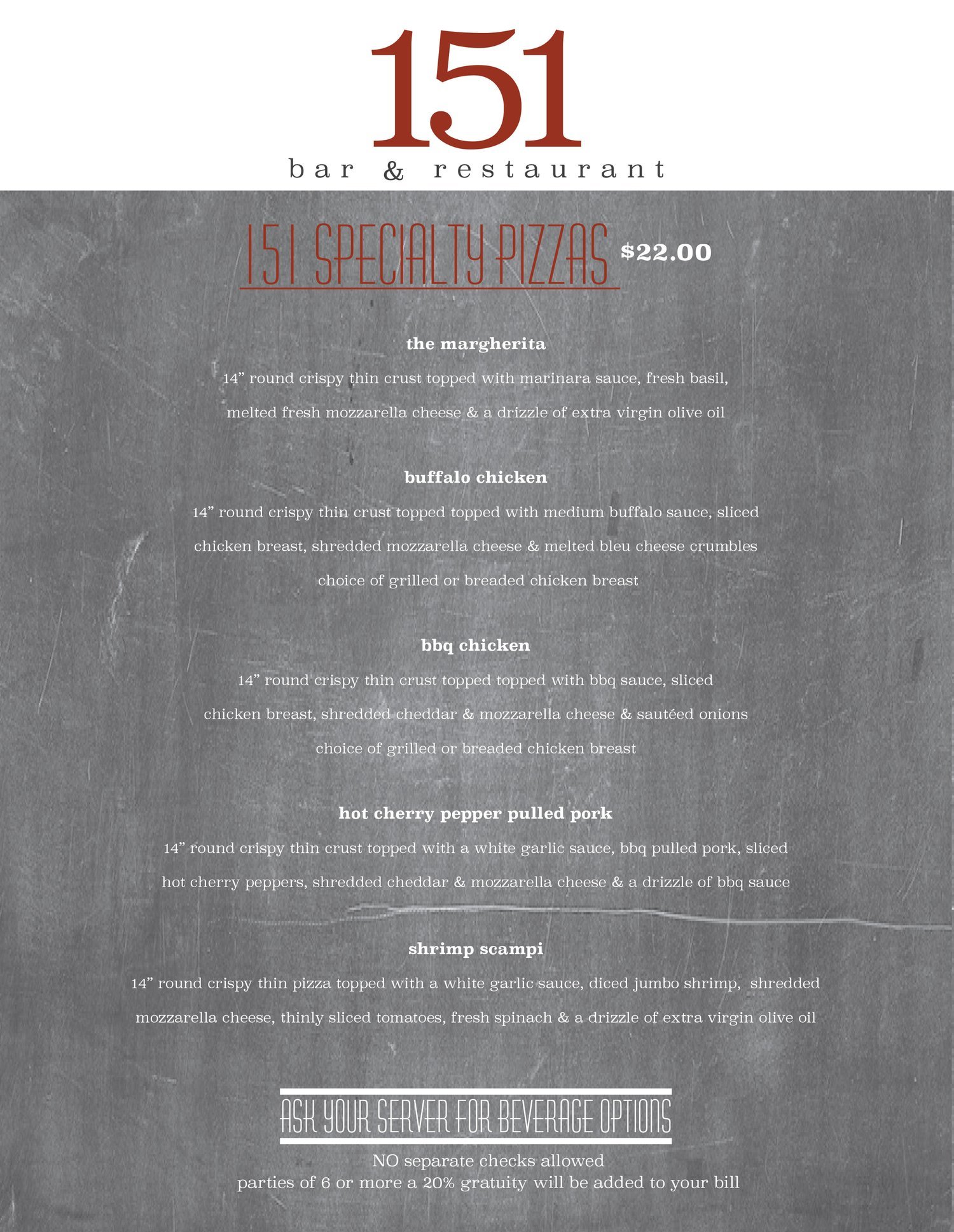 Menu of 151 bar & restaurant featuring five specialty pizzas: Margherita, Buffalo Chicken, BBQ Chicken, Hot Cherry Pepper Pulled Pork, and Shrimp Scampi with descriptions and prices.