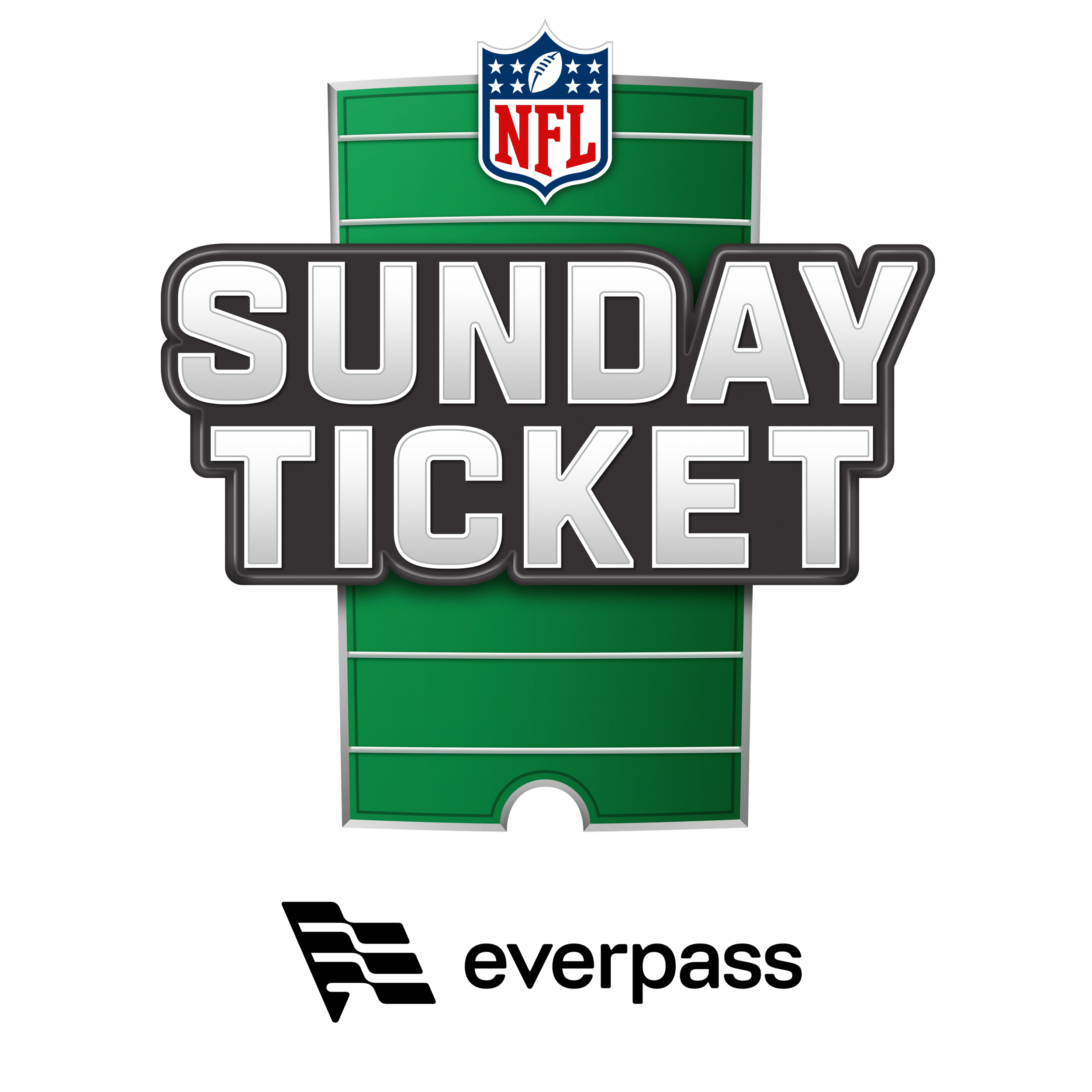 NFL Sunday Ticket logo with a football field background and the NFL shield.