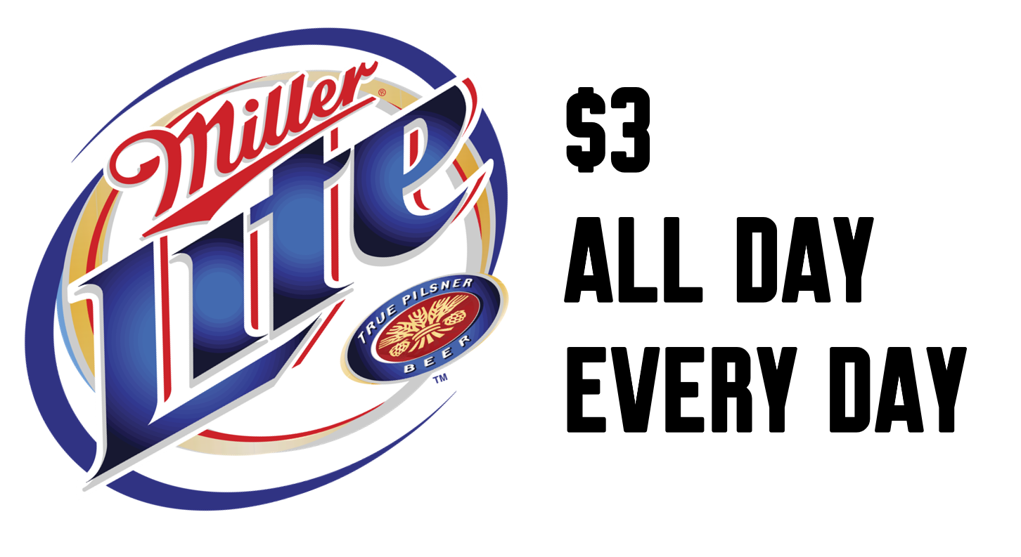 Miller Lite beer logo with text '$3 ALL DAY EVERY DAY' on a white background.